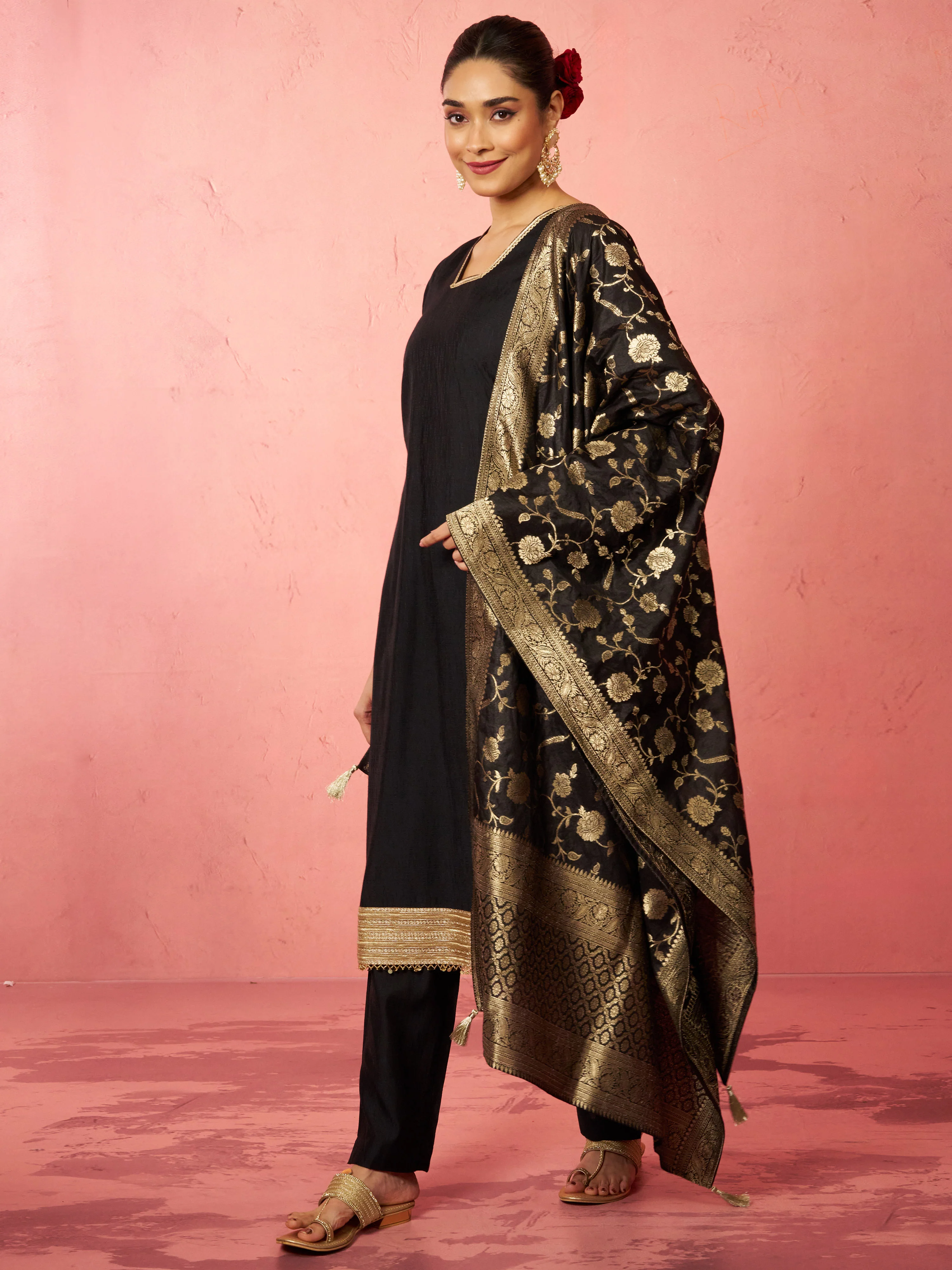 Women's Black Cotton Straight Kurta Set - Image 4
