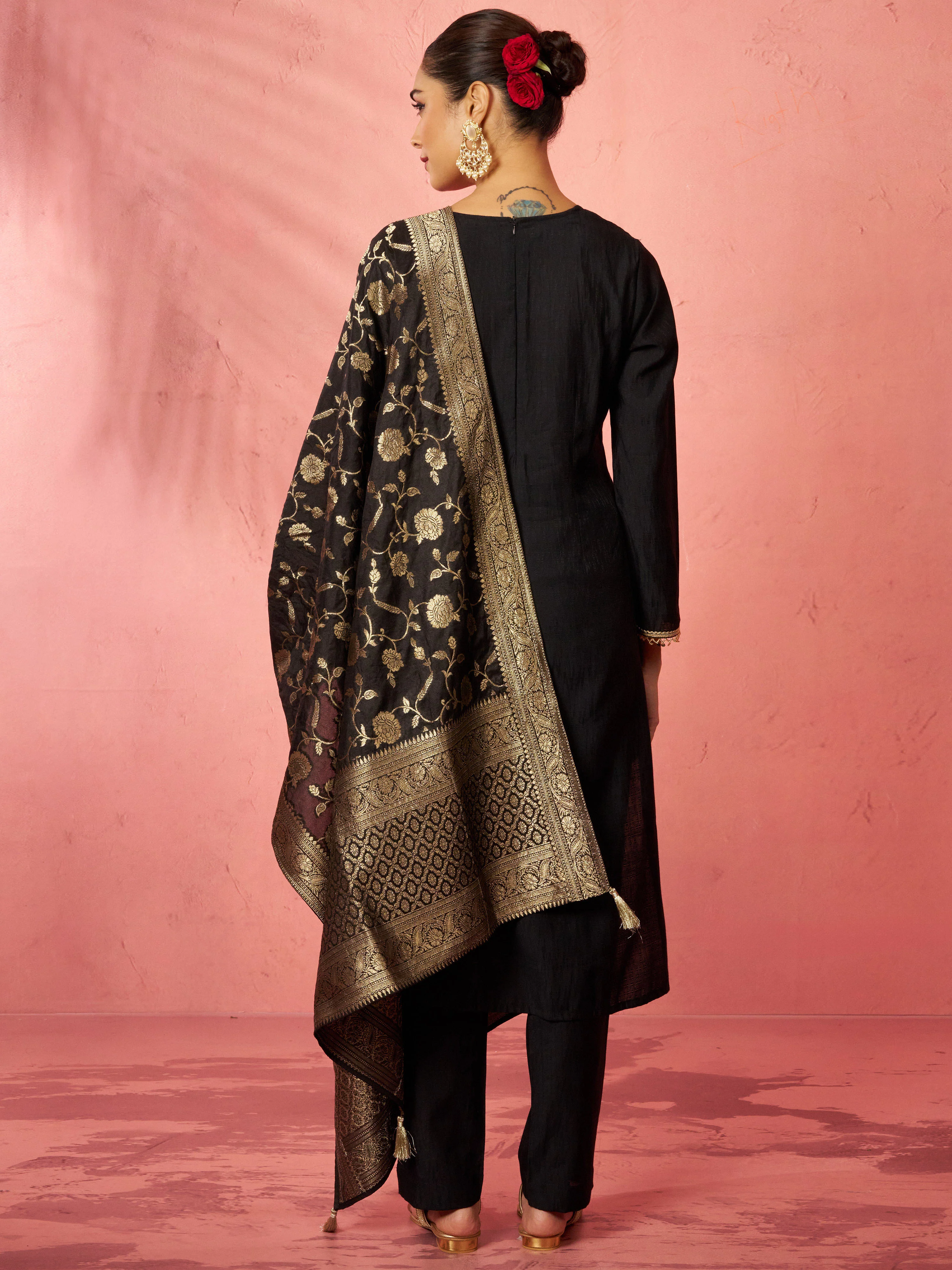 Women's Black Cotton Straight Kurta Set - Image 5