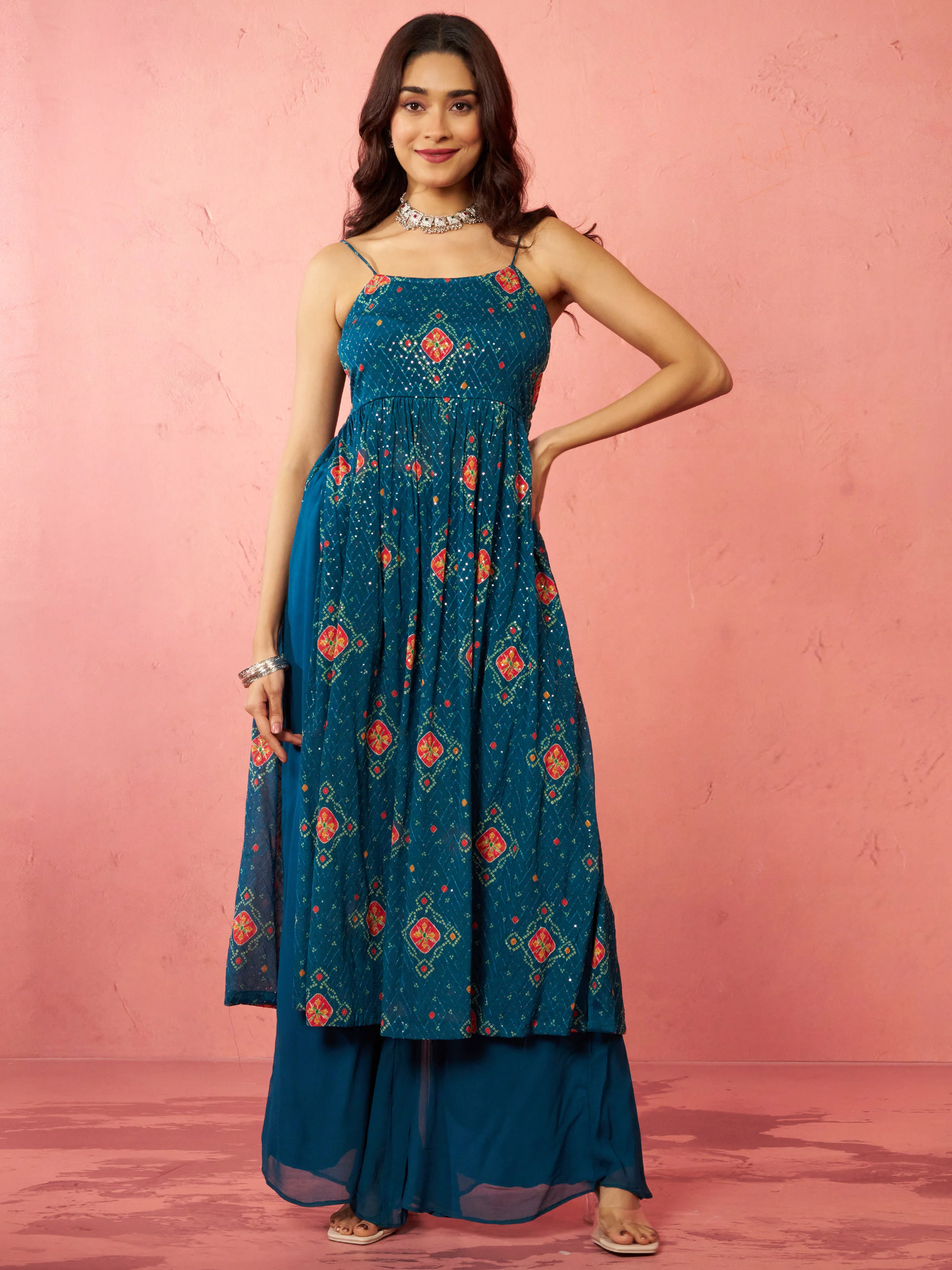Women's Blue Chinon Sequin Anarkali Set with Palazzo - Image 3