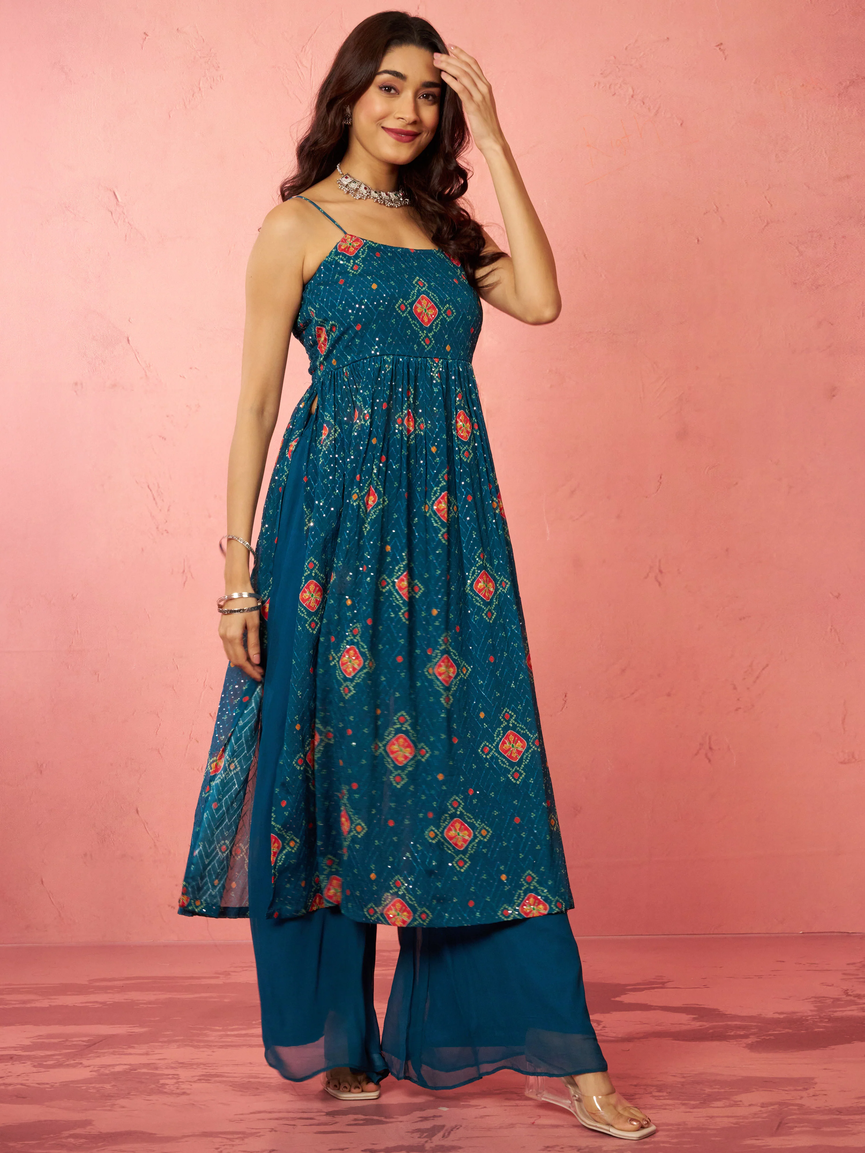 Women's Blue Chinon Sequin Anarkali Set with Palazzo - Image 4