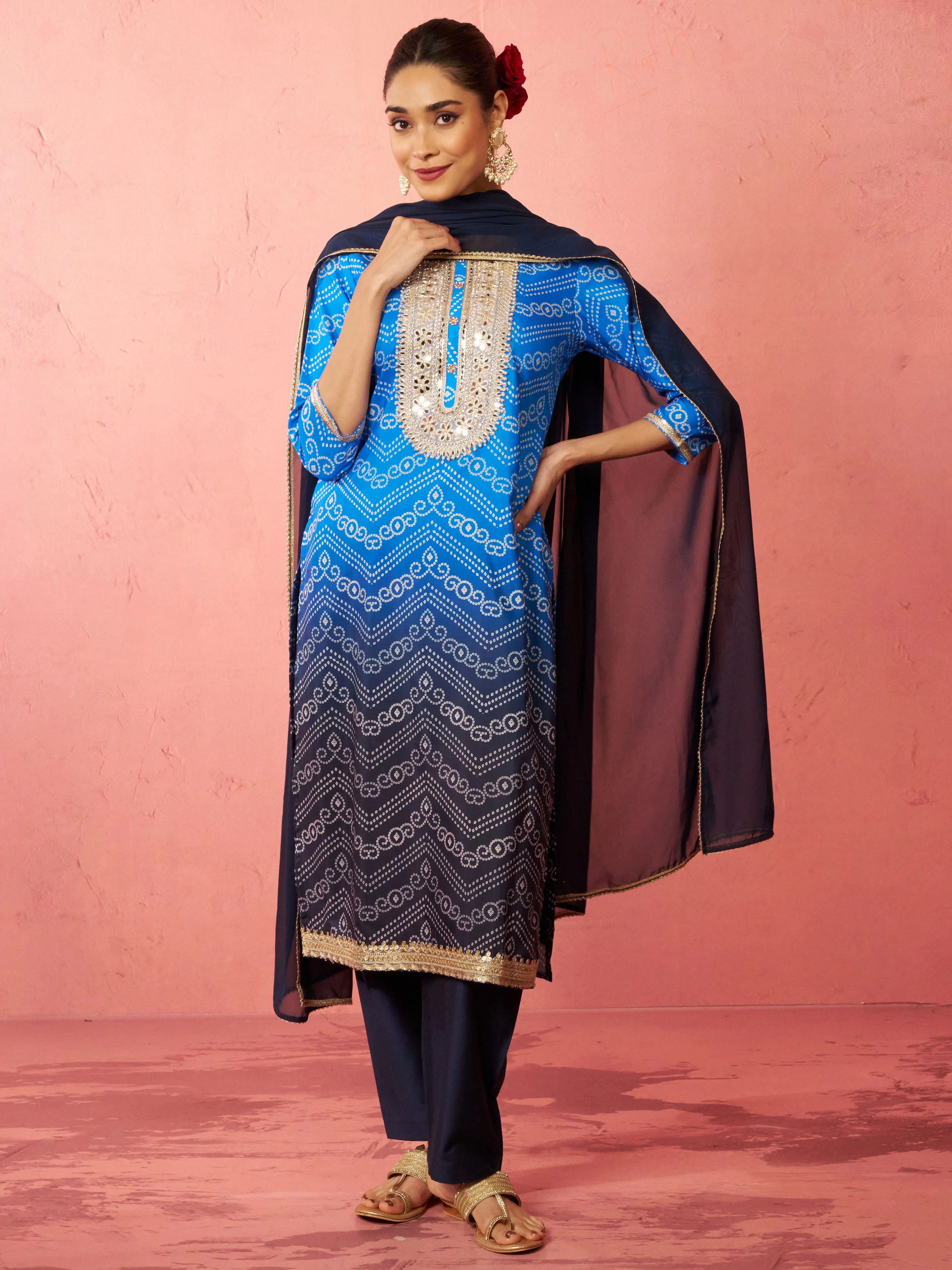 Women's Blue Muslin Bandhani Kurta Set with Straight Pants & Dupatta - Image 5