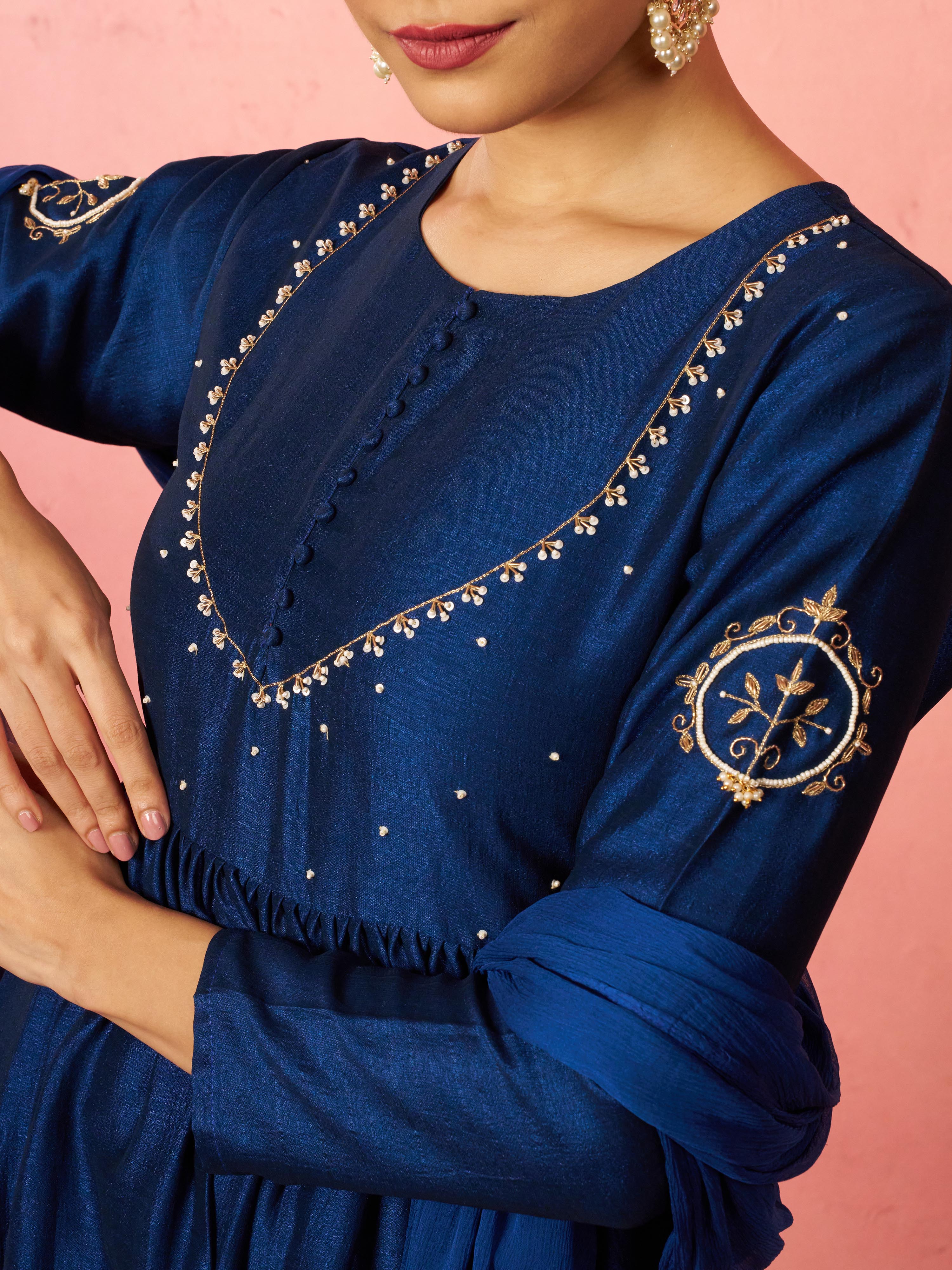 Women's Blue Silk Anarkali Kurta Set - Image 2