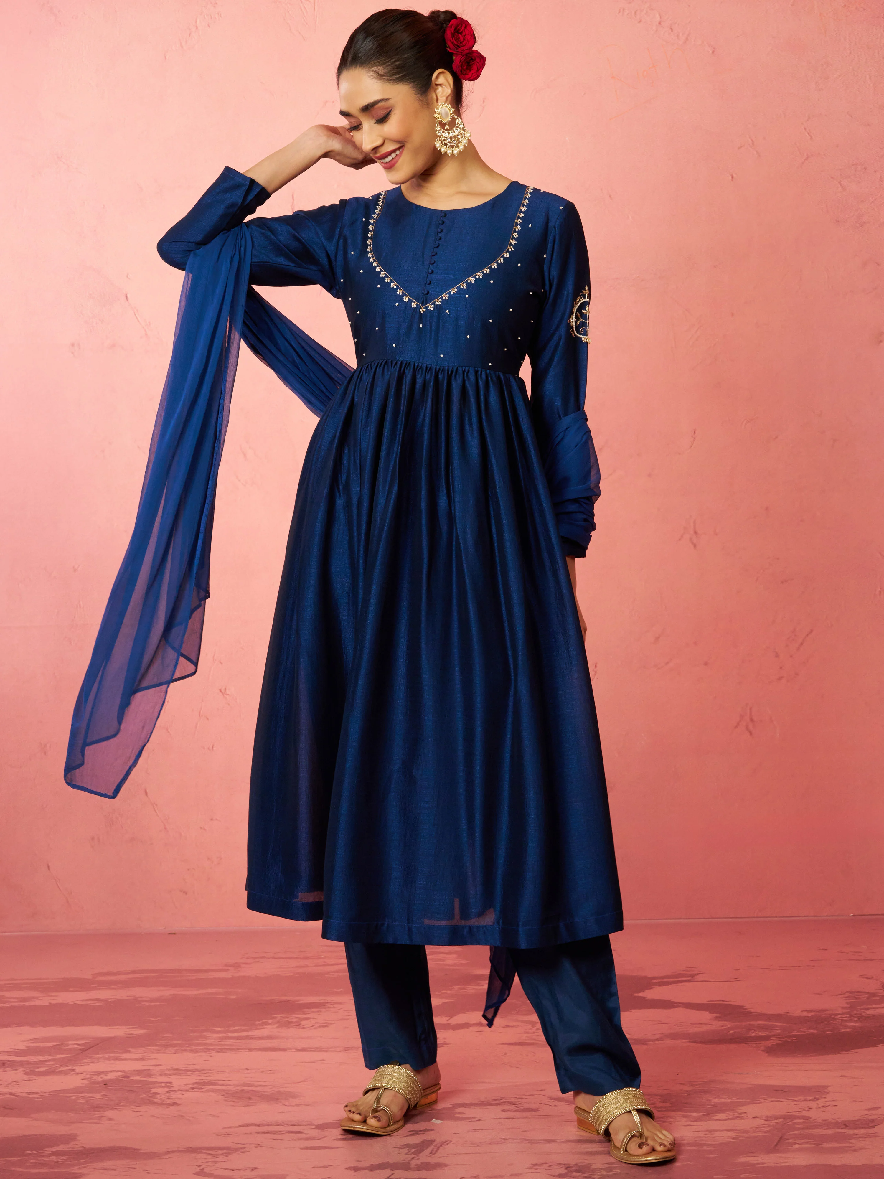 Women's Blue Silk Anarkali Kurta Set - Image 3