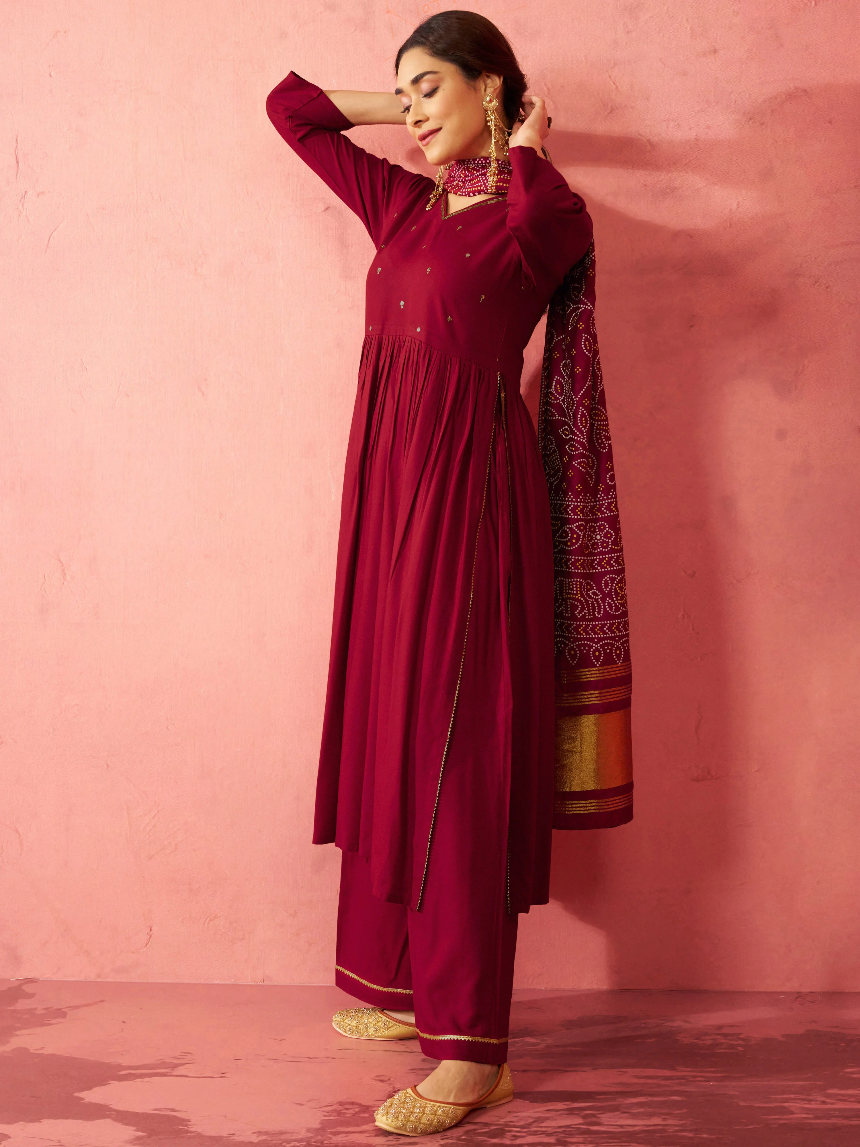 Women's Maroon Rayon Anarkali Kurta Set - Image 4