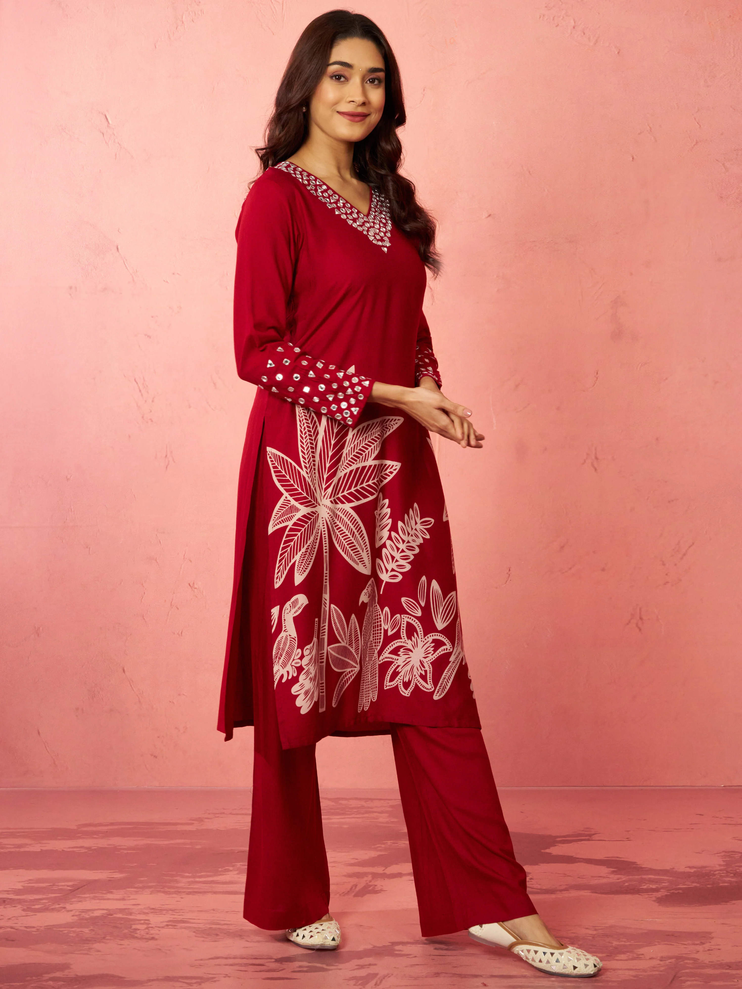 Women's Maroon Rayon Mirror Work Kurta Set with Flare Pants - Image 3