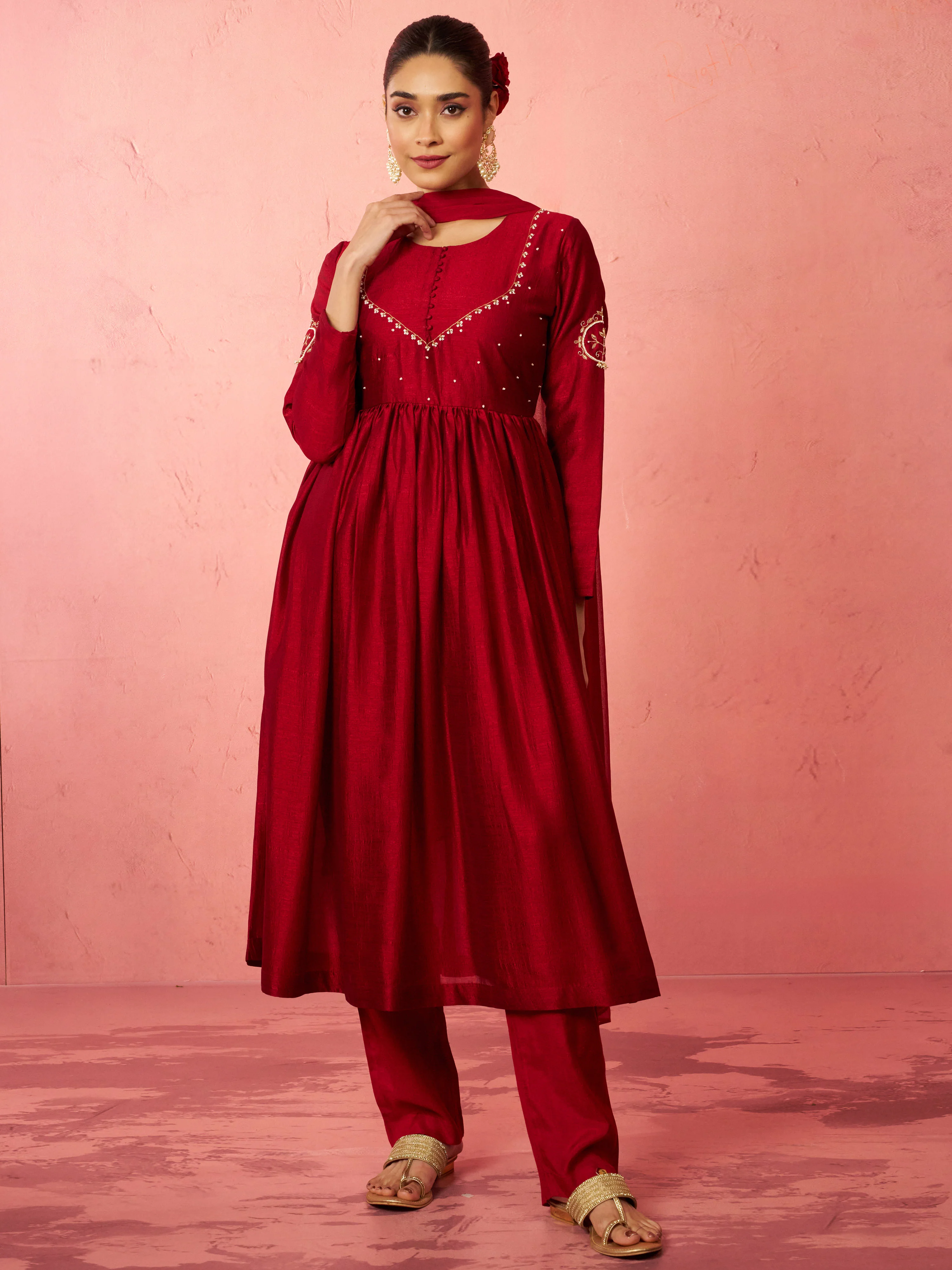 Women's Maroon Silk Anarkali Kurta Set - Image 3