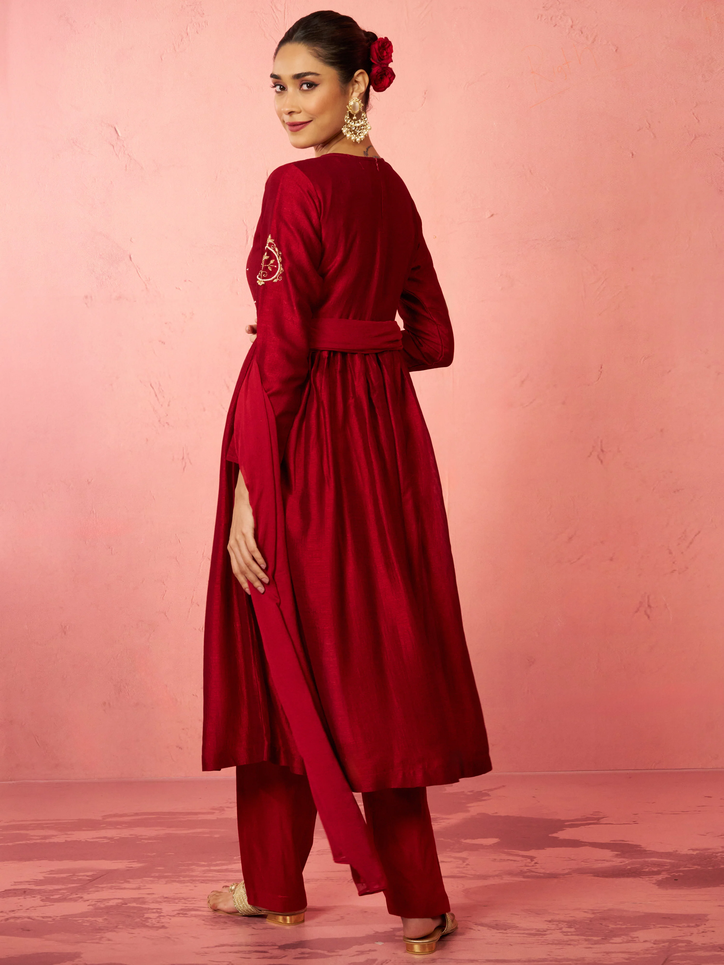 Women's Maroon Silk Anarkali Kurta Set - Image 4