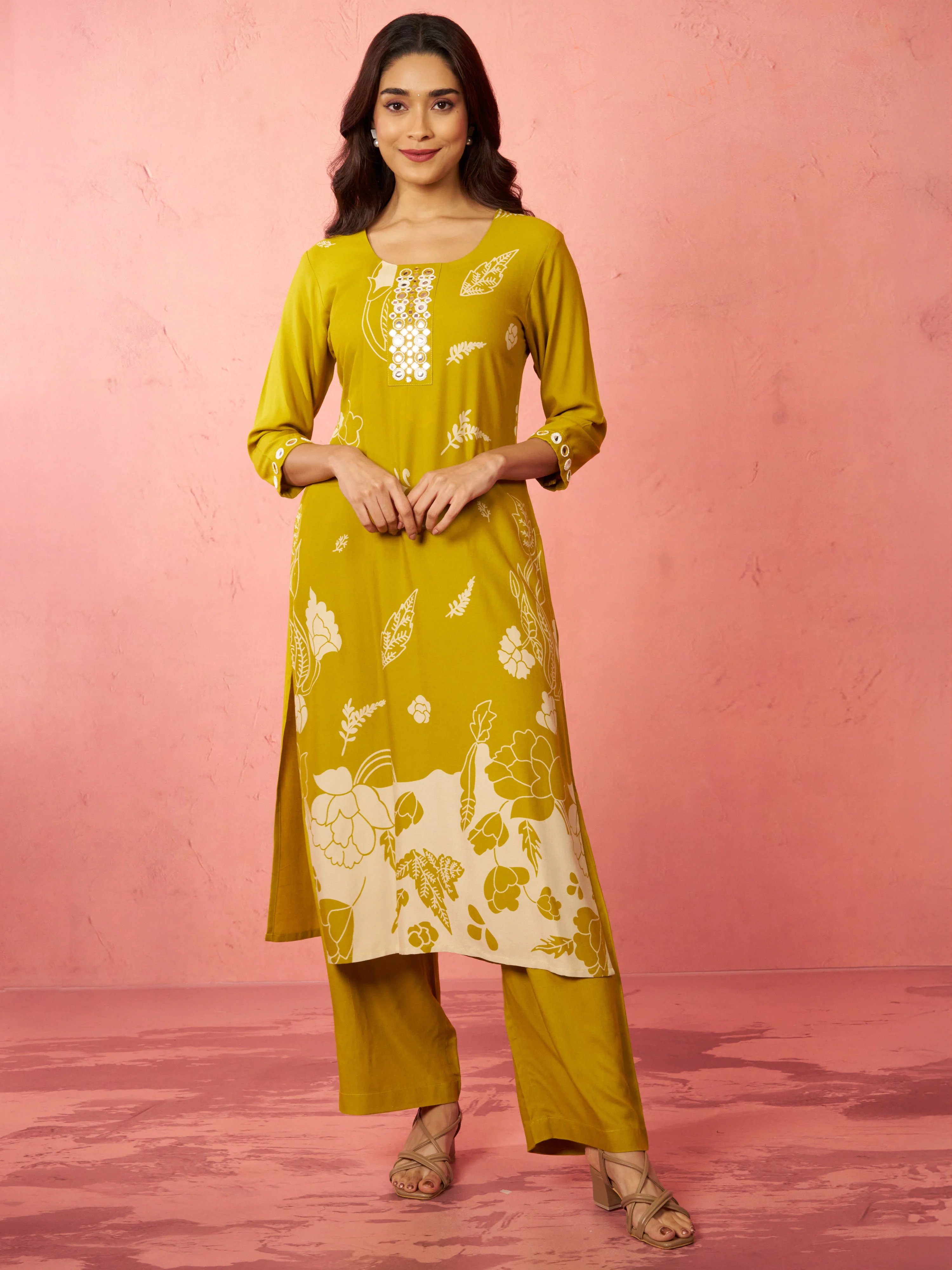Women's Mehendi Green Rayon Mirror Work Kurta Set with Palazzo - Image 3