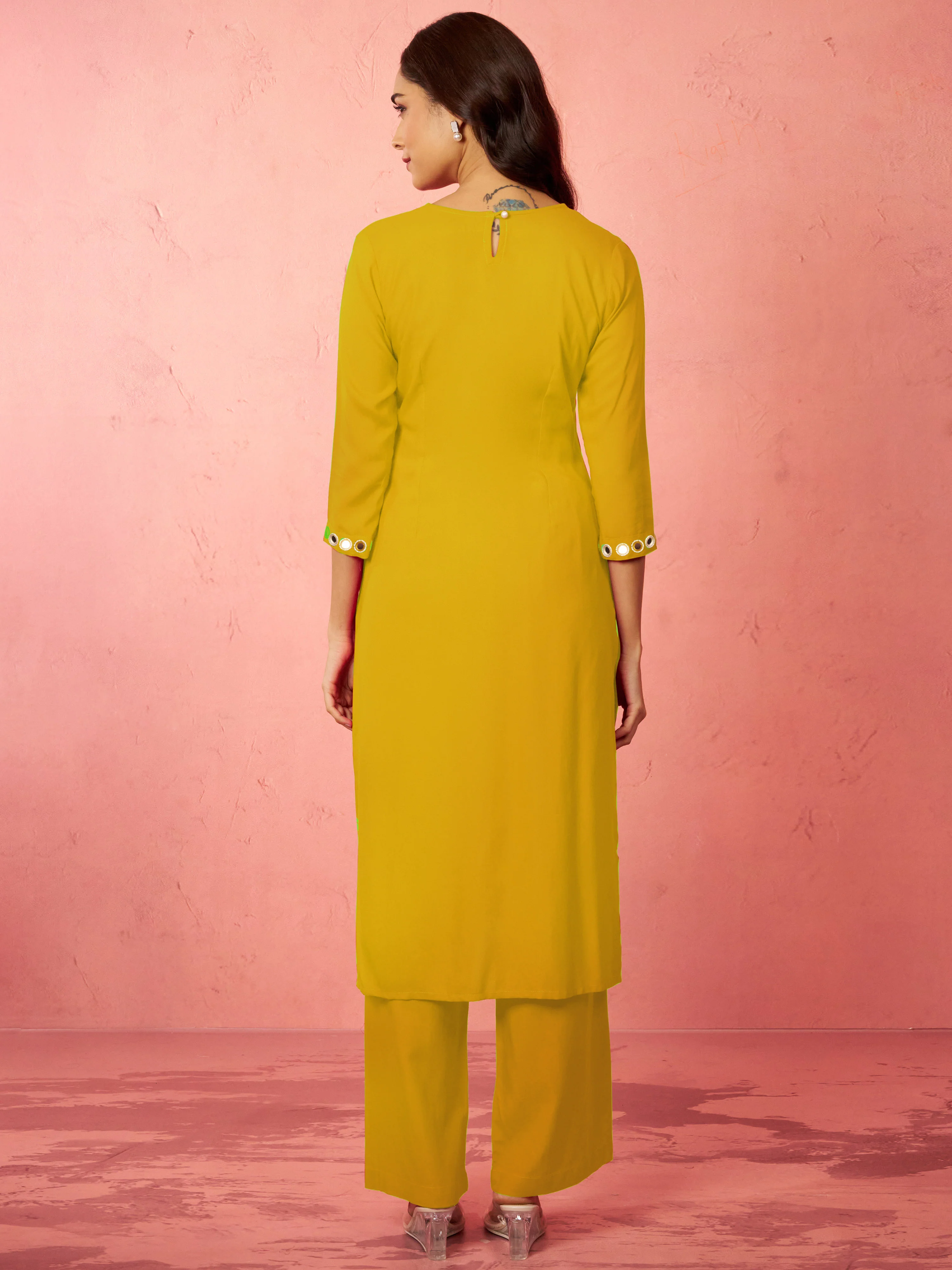 Women's Mehendi Green Rayon Mirror Work Kurta Set with Palazzo - Image 5