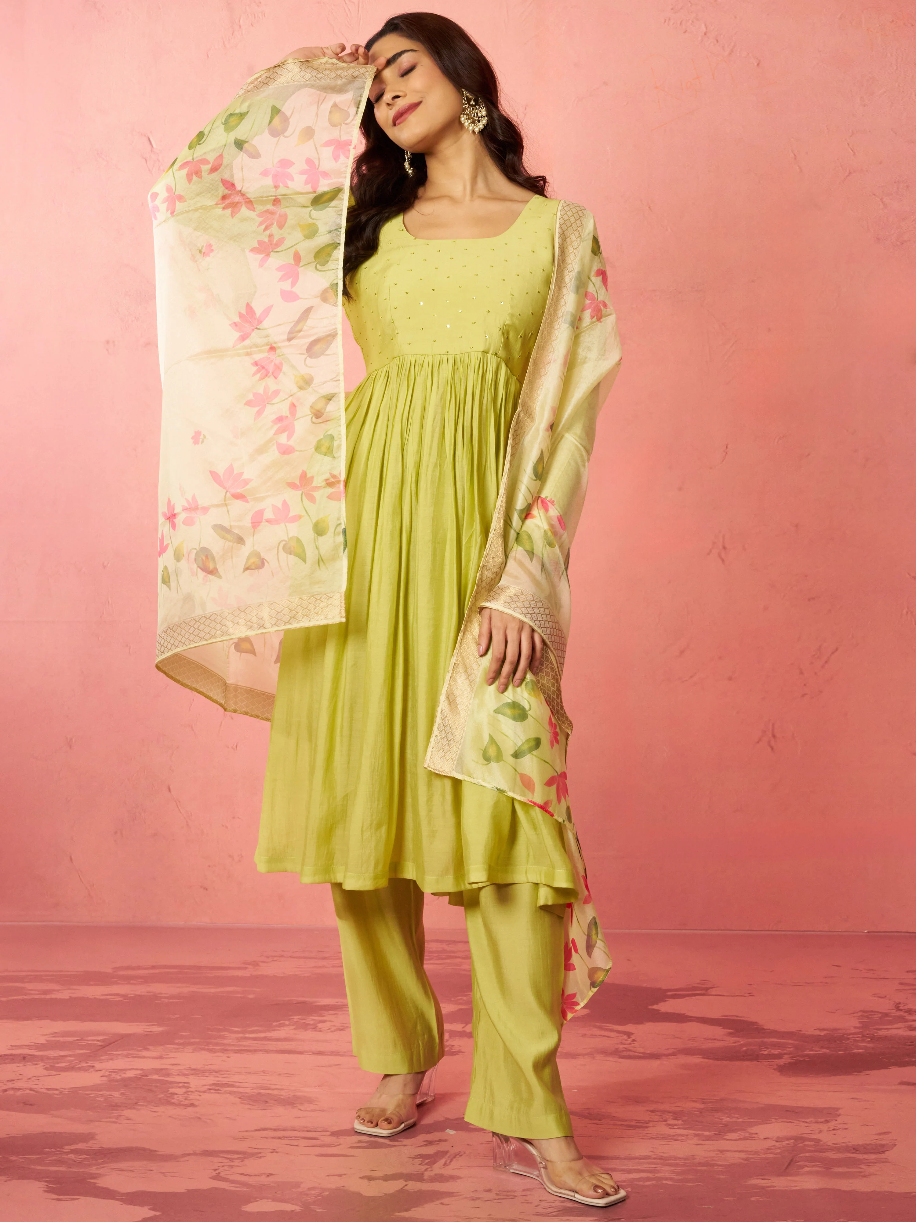 Women's Mint Green Silk Anarkali Kurta Set