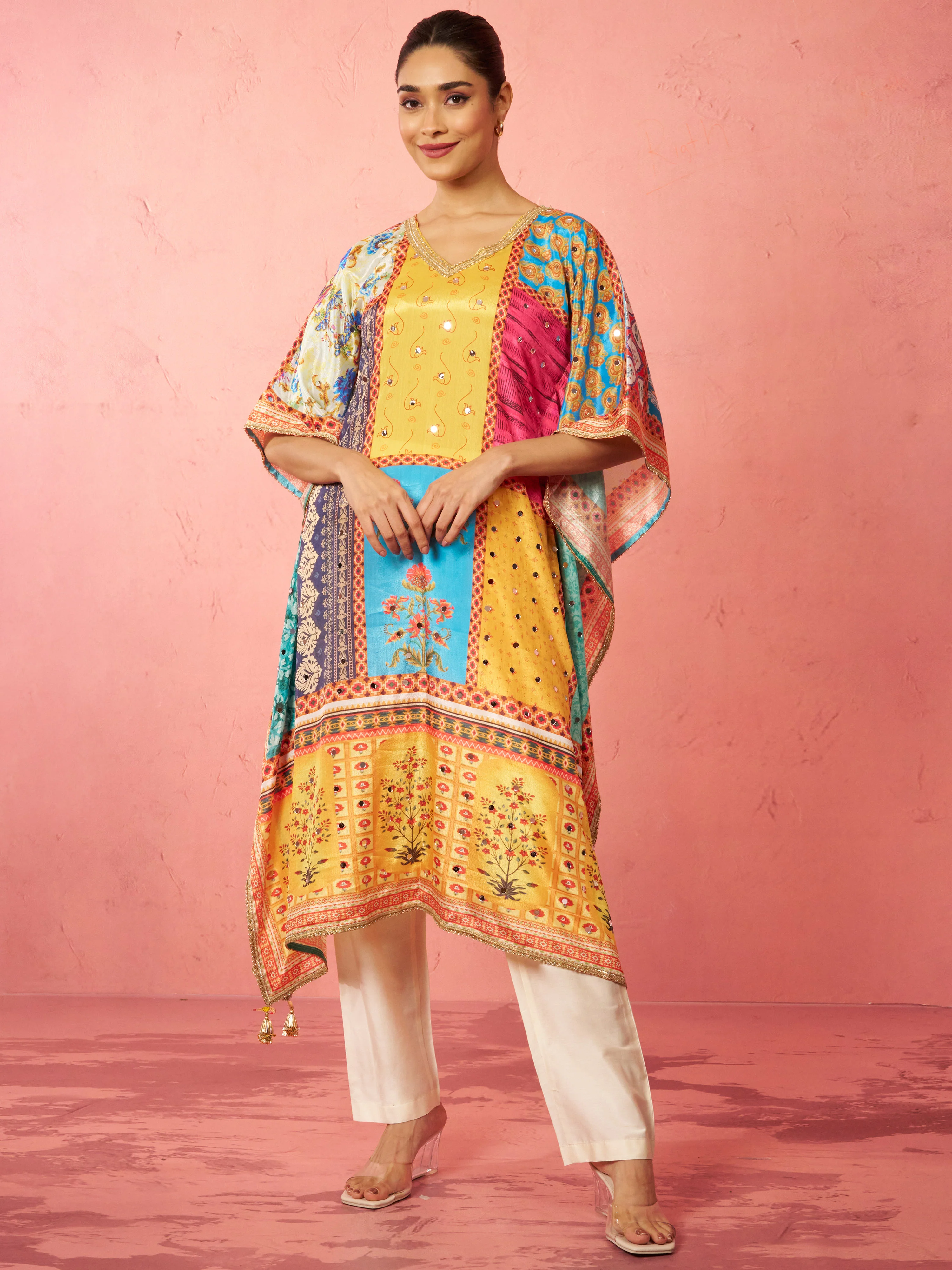Women's Multicolour Chinon Kaftan Kurta Set - Image 3
