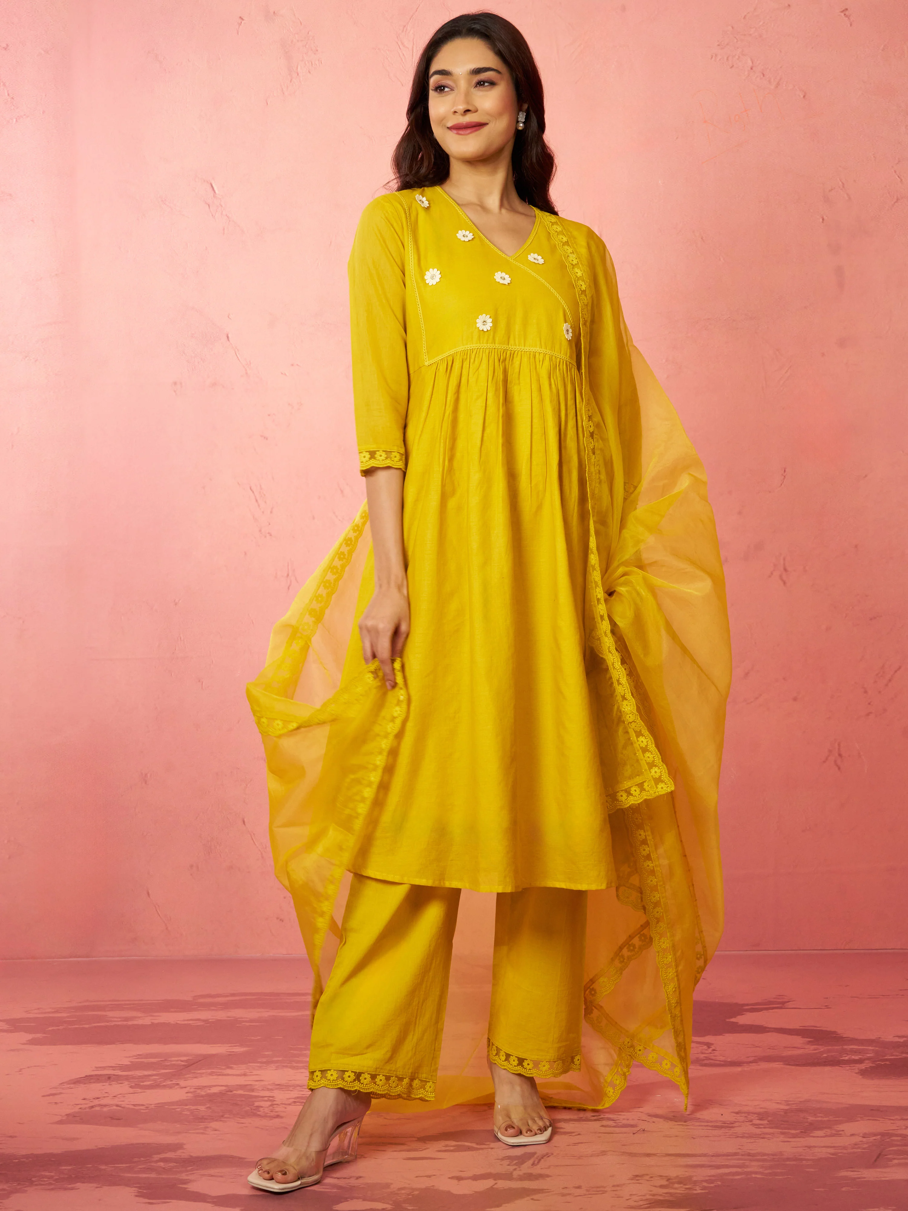 Women's Mustard Chanderi Anarkali Kurta Set - Image 3