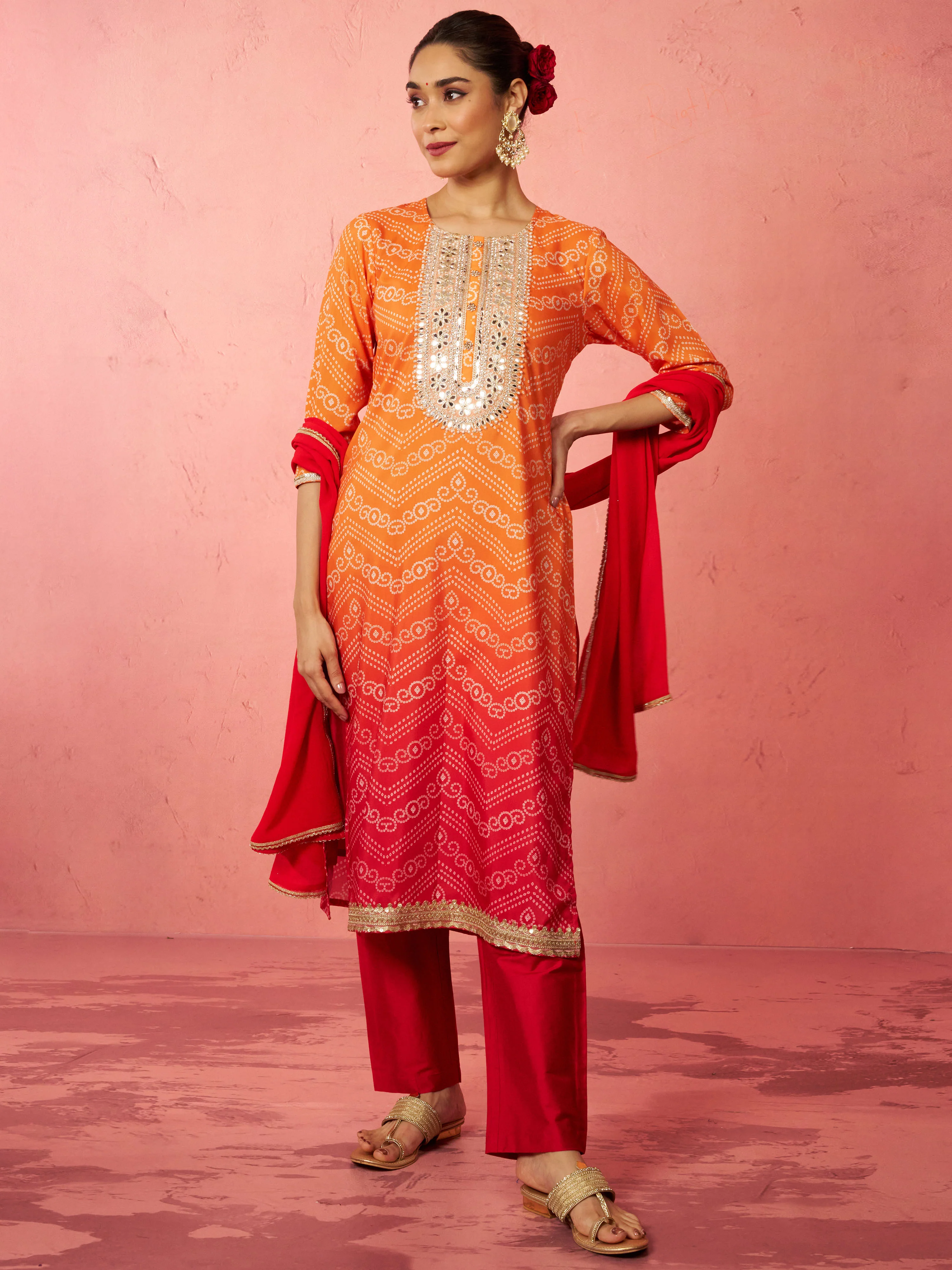 Women's Orange Muslin Bandhani Kurta Set with Straight Pants & Dupatta - Image 4