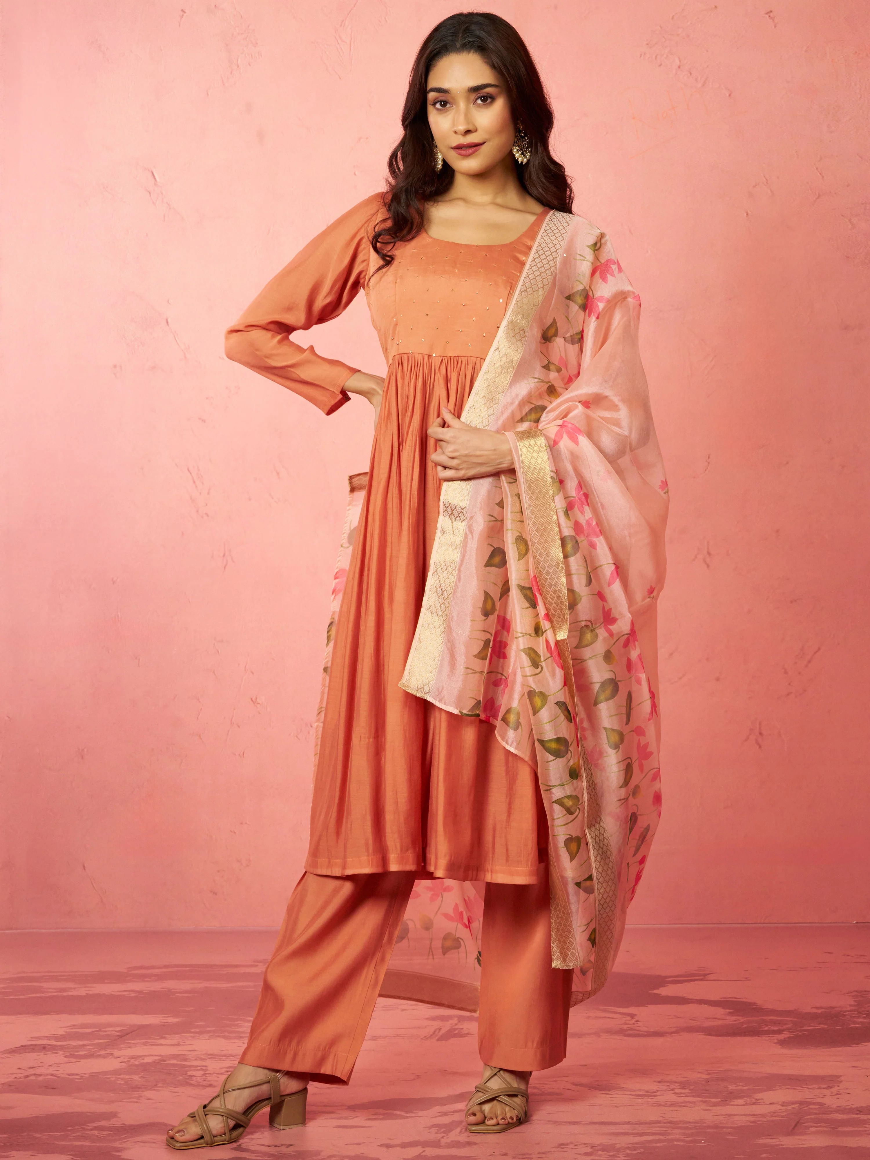 Women's Peach Silk Anarkali Kurta Set - Image 3