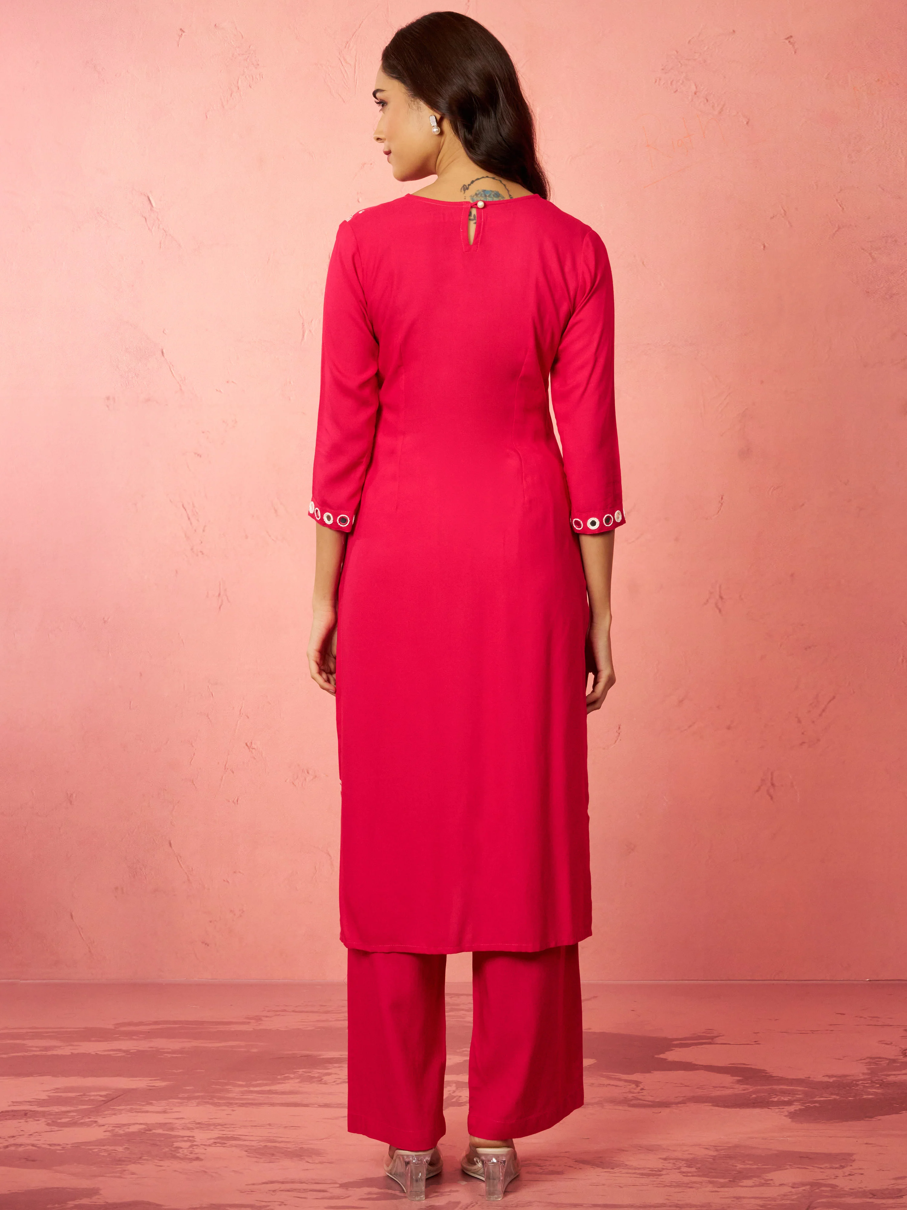 Women's Pink Rayon Mirror Work Kurta Set with Palazzo - Image 5