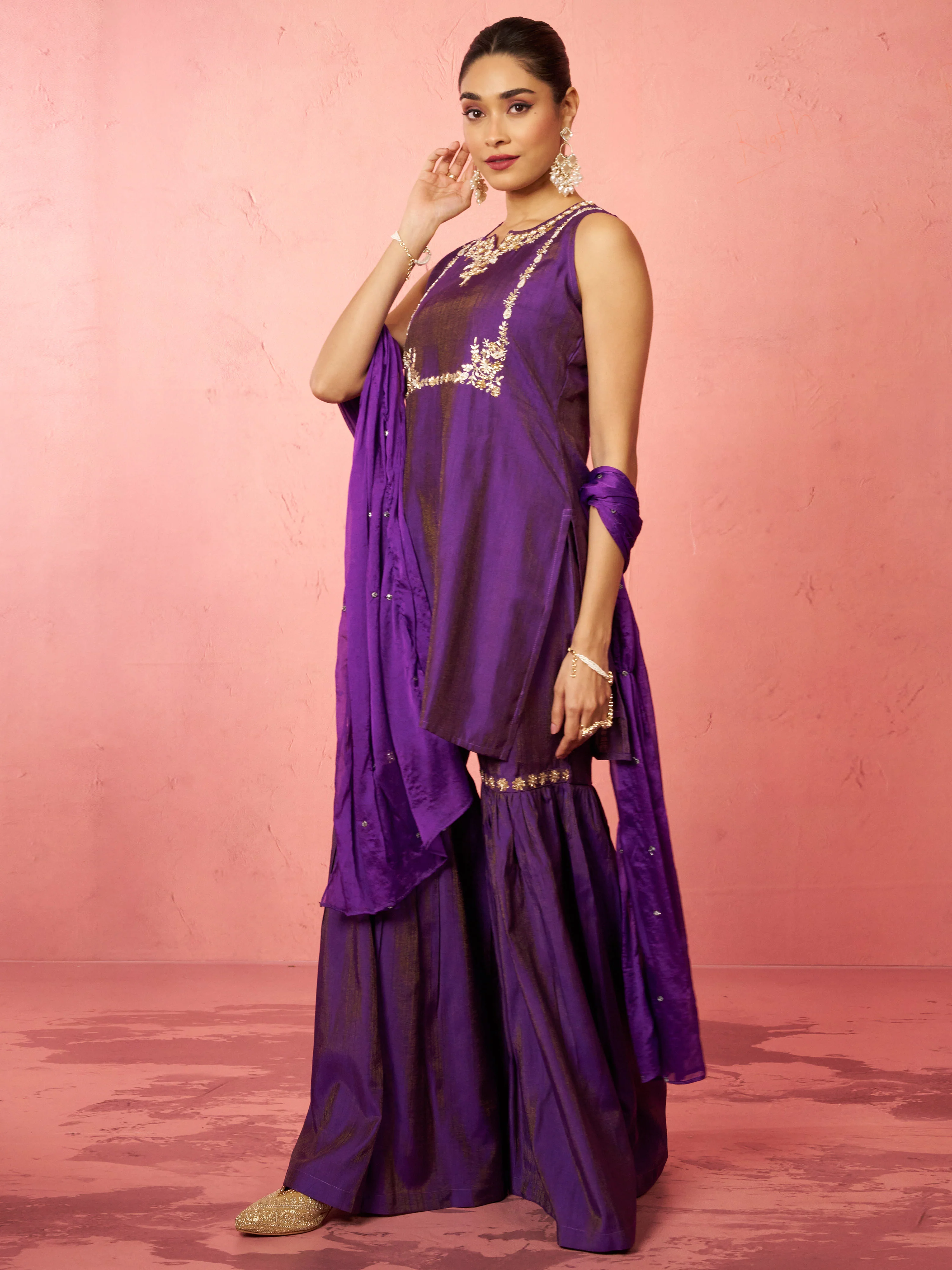 Women's Purple Cotton Kurta Sharara Set - Image 4