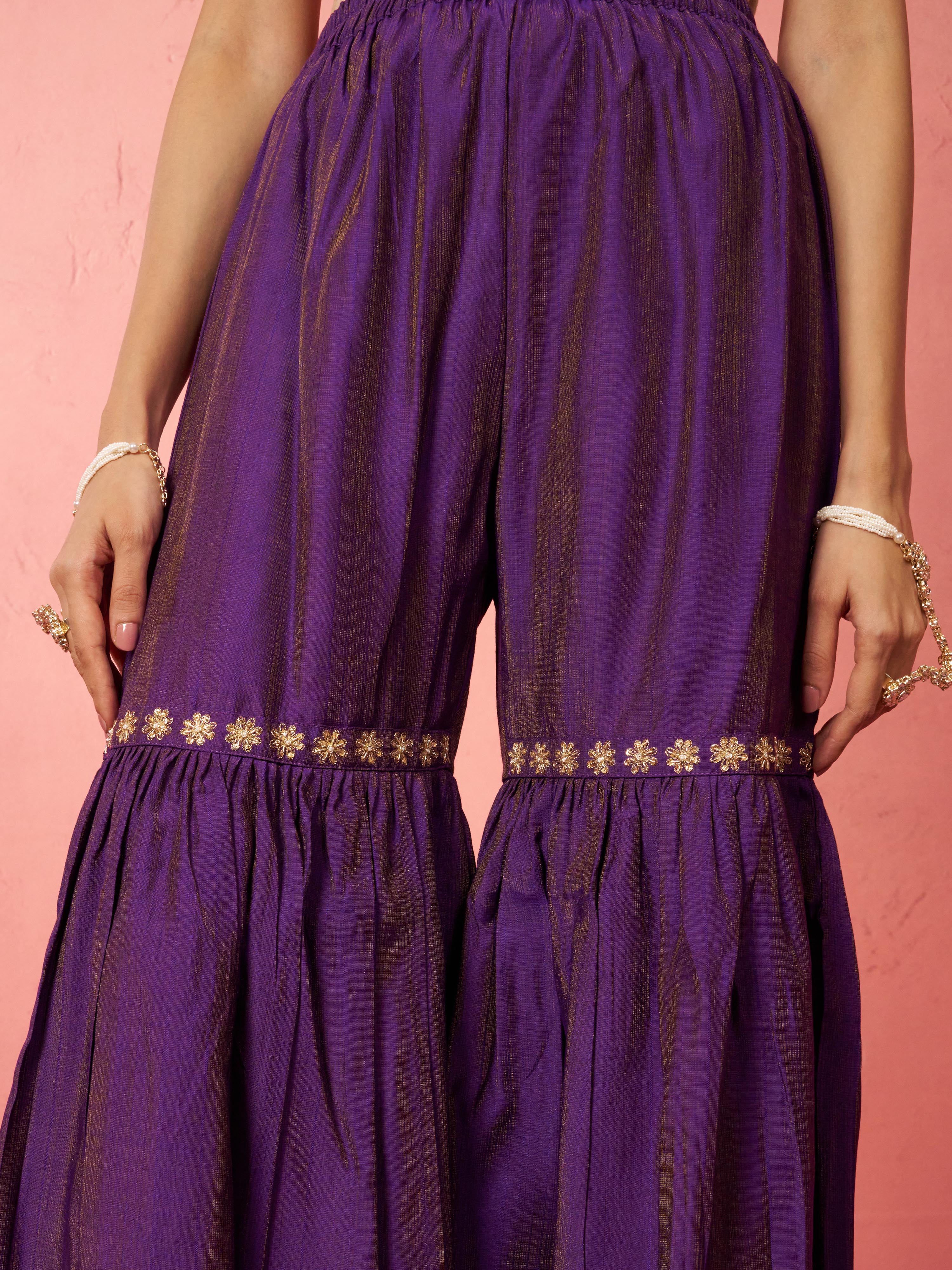 Women's Purple Cotton Kurta Sharara Set - Image 7