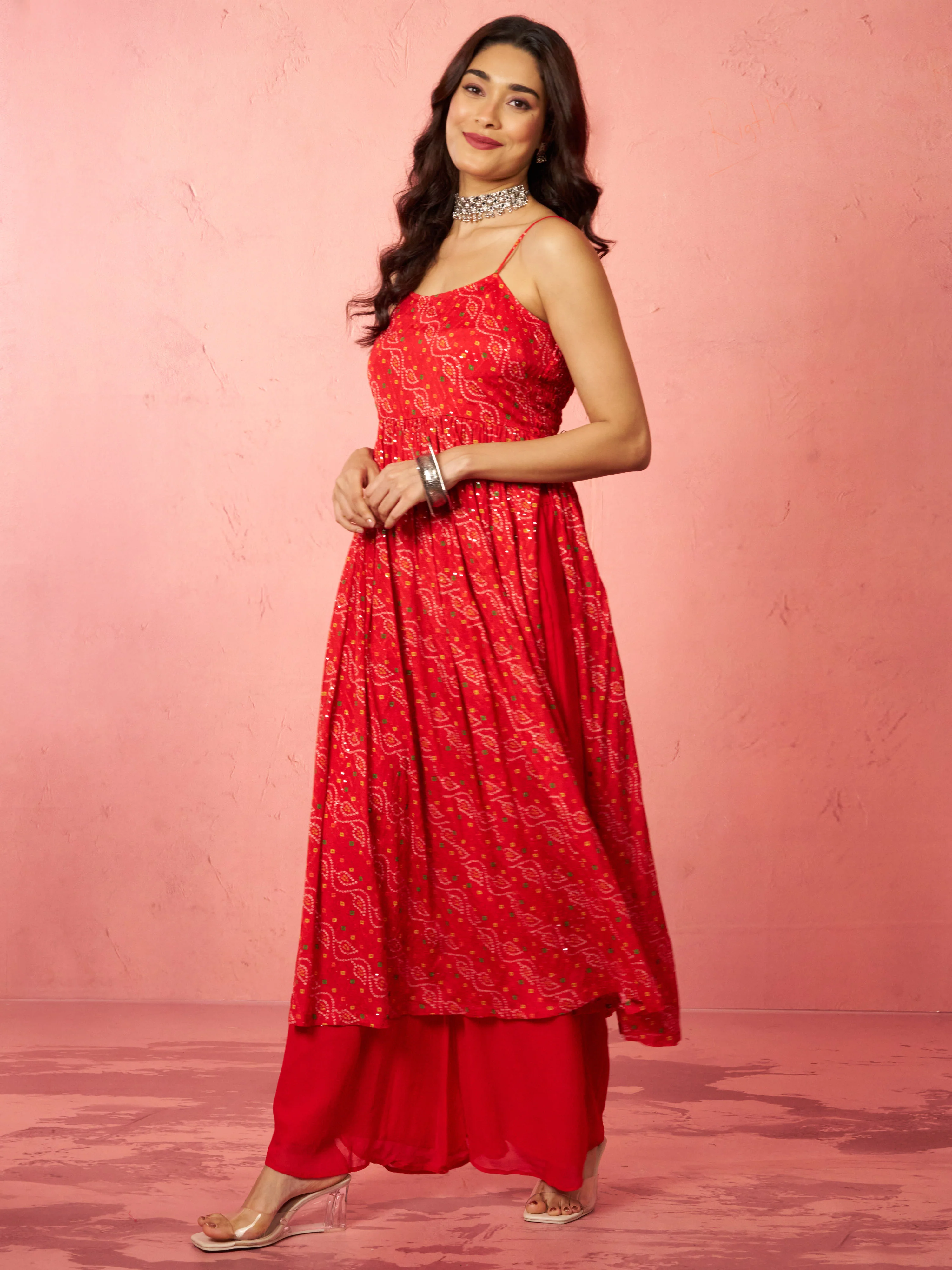 Women's Red Chinon Sequin Anarkali Set with Palazzo - Image 3