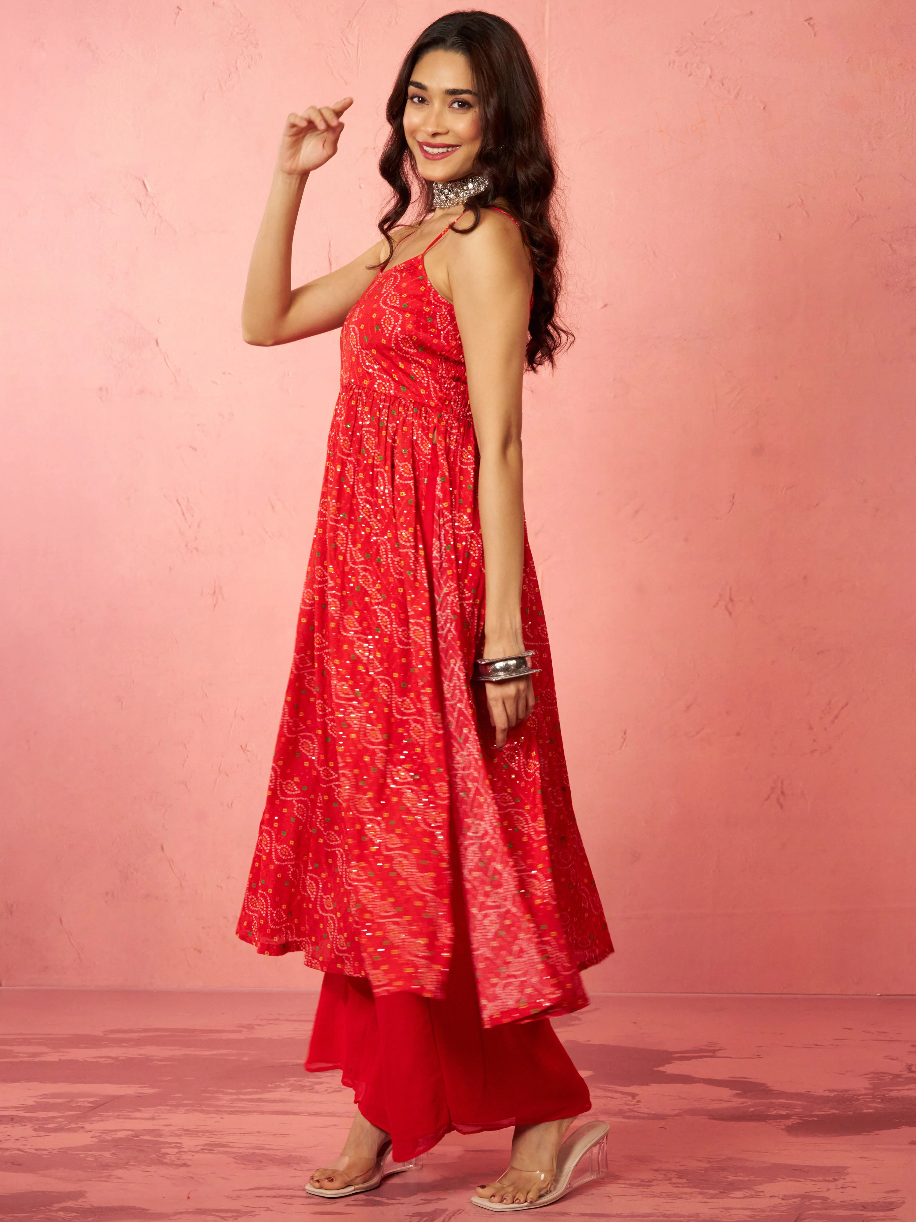 Women's Red Chinon Sequin Anarkali Set with Palazzo - Image 4