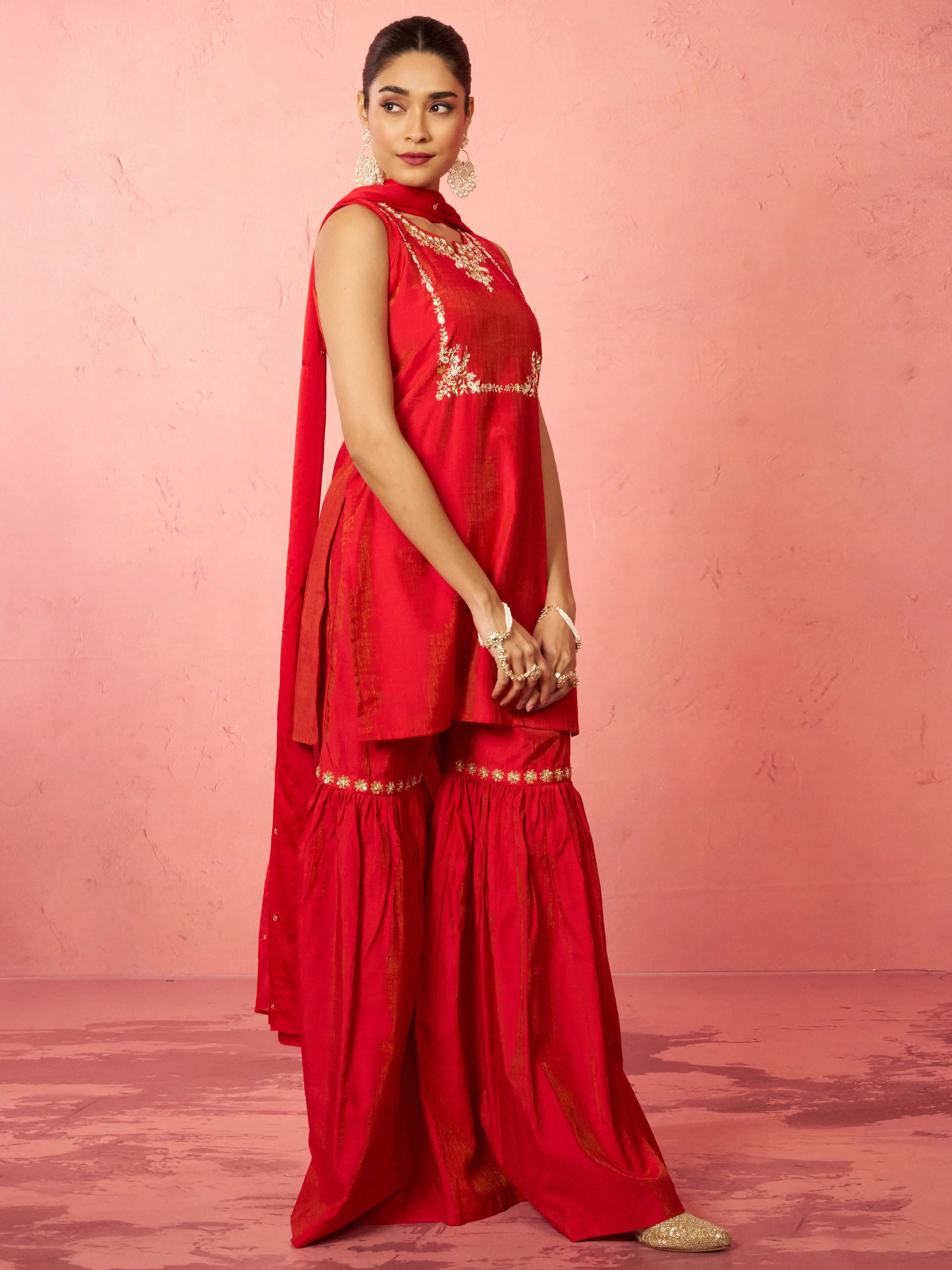 Women's Red Cotton Kurta Sharara Set - Image 4