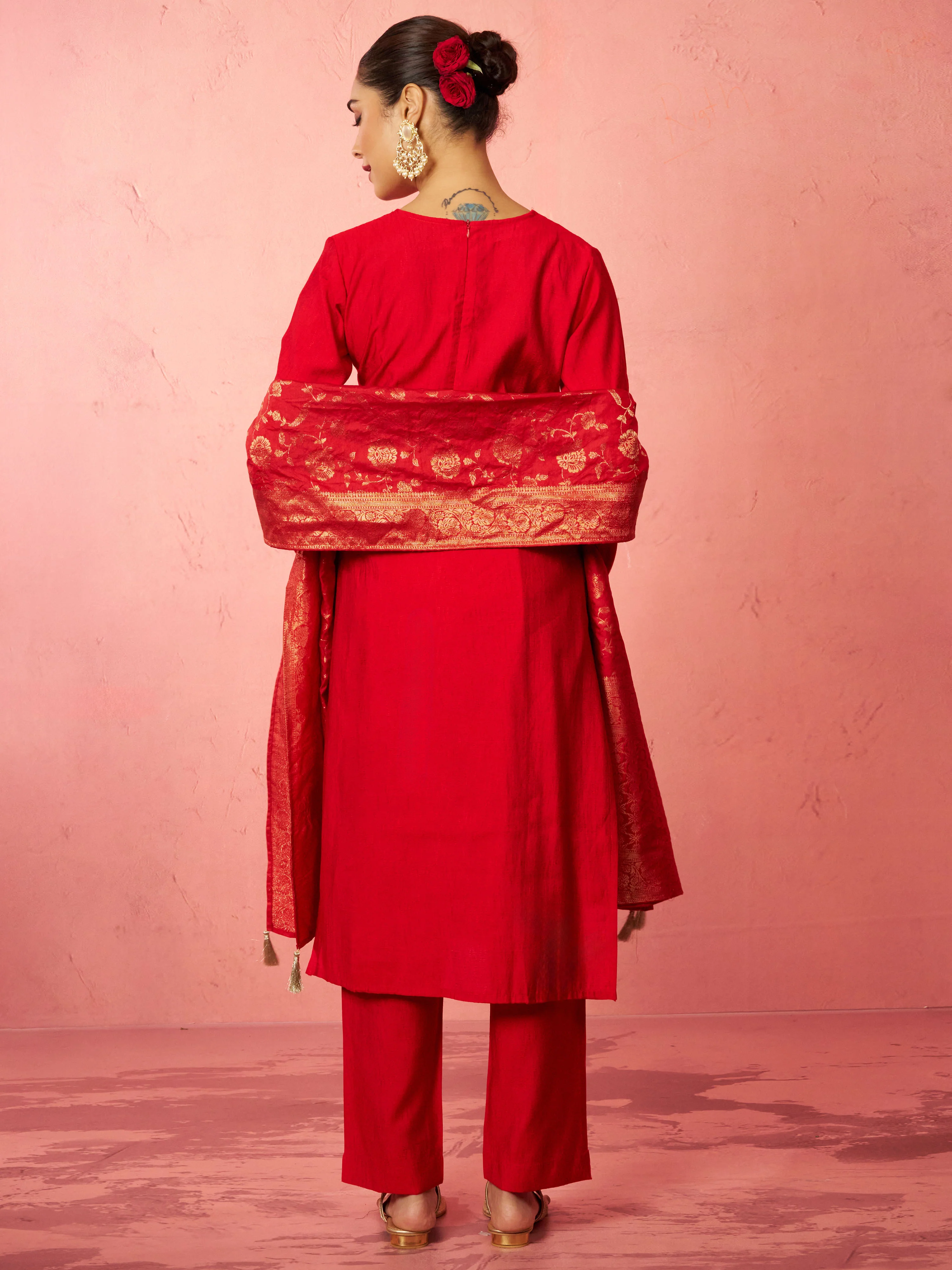Women's Red Cotton Straight Kurta Set - Image 6