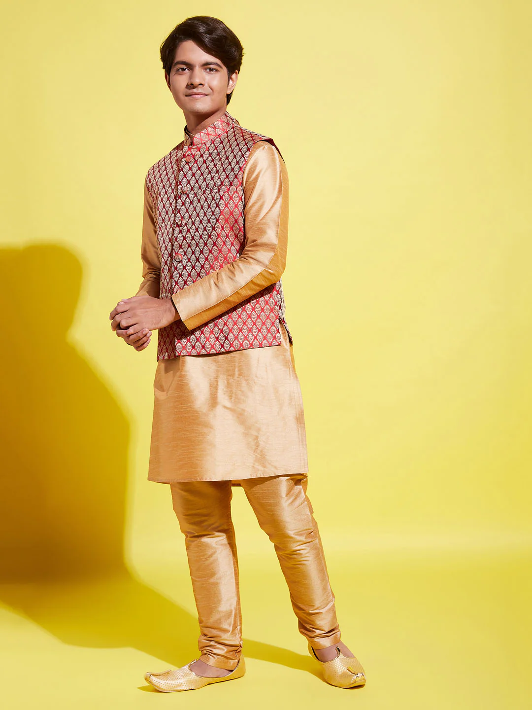 Boy's' Rose Gold Silk Blend Kurt Pyjama And Maroon Nehru Jacket Set - Image 3