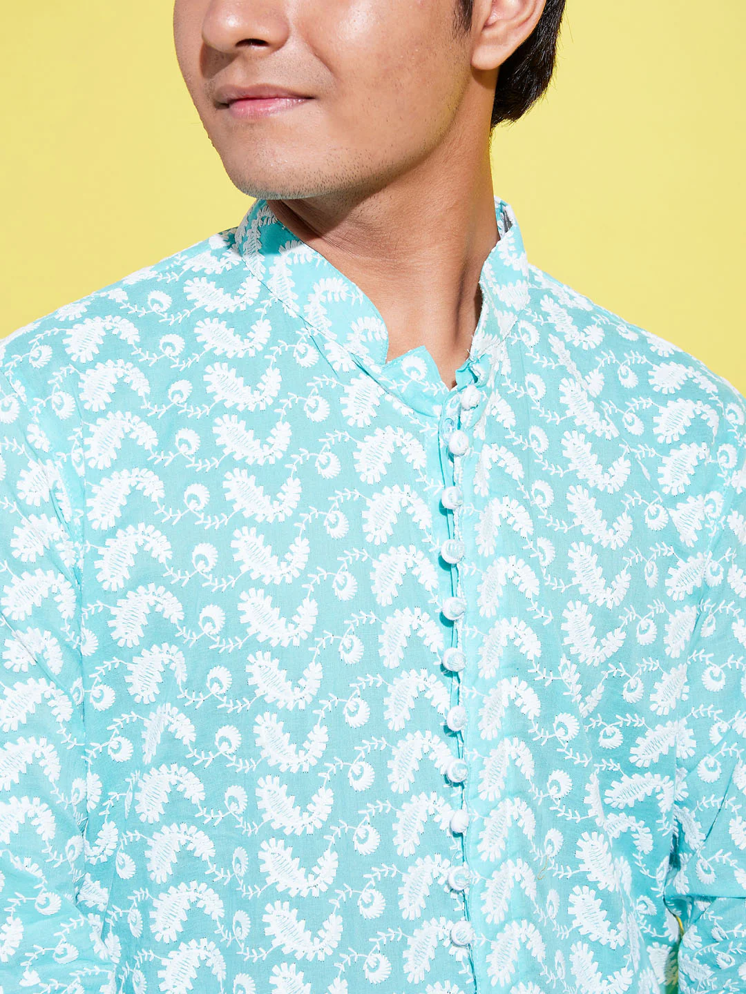 Boy's Green Chikankari Kurta With White Pyjama Set - Image 4