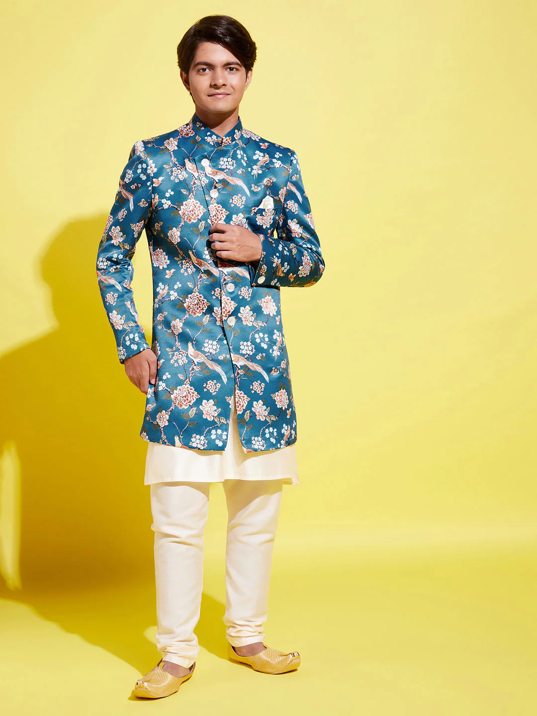Boy's' Multicolored-Base-Turquoise Indowestern Set - Image 2