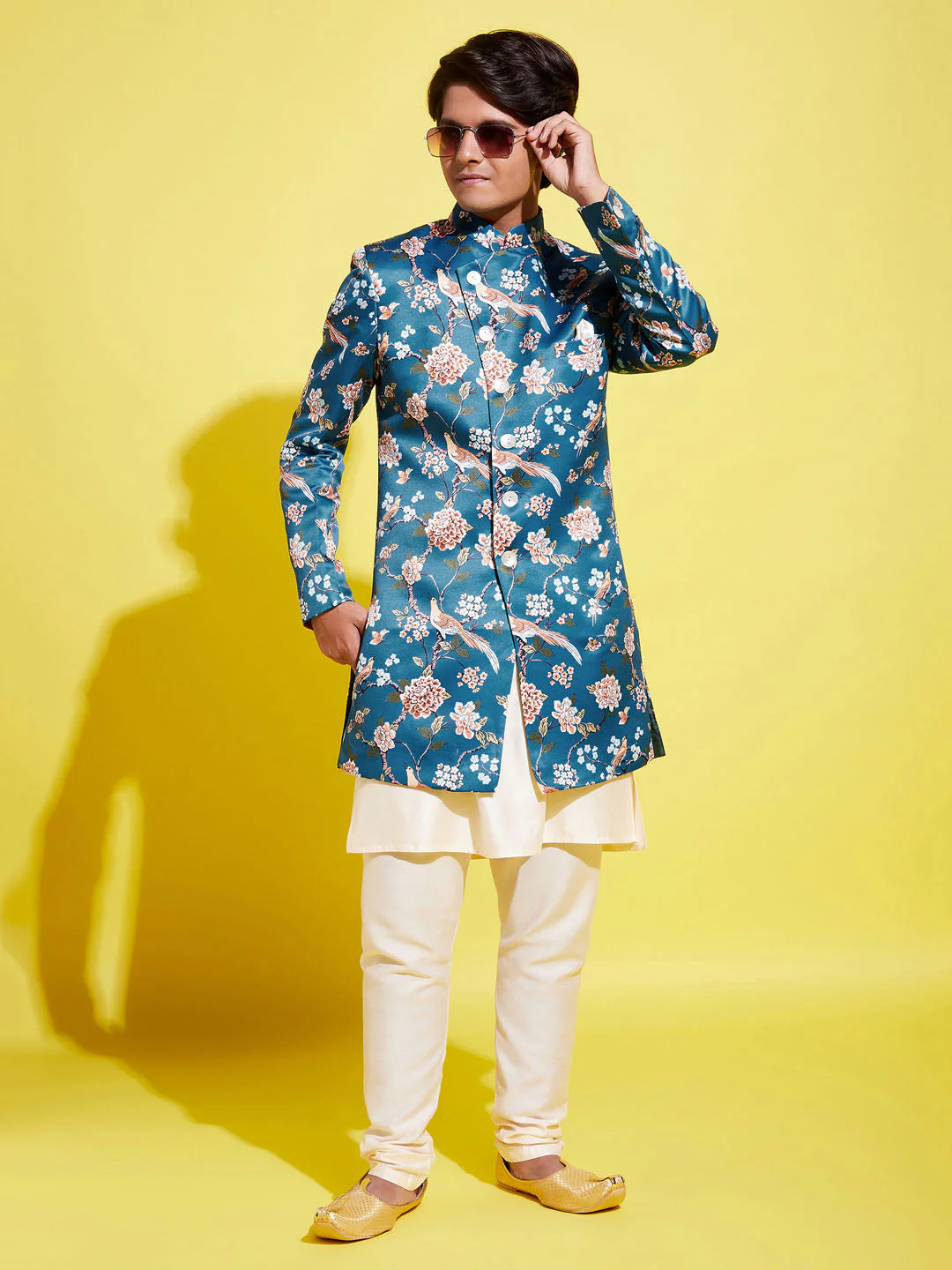 Boy's' Multicolored-Base-Turquoise Indowestern Set - Image 8