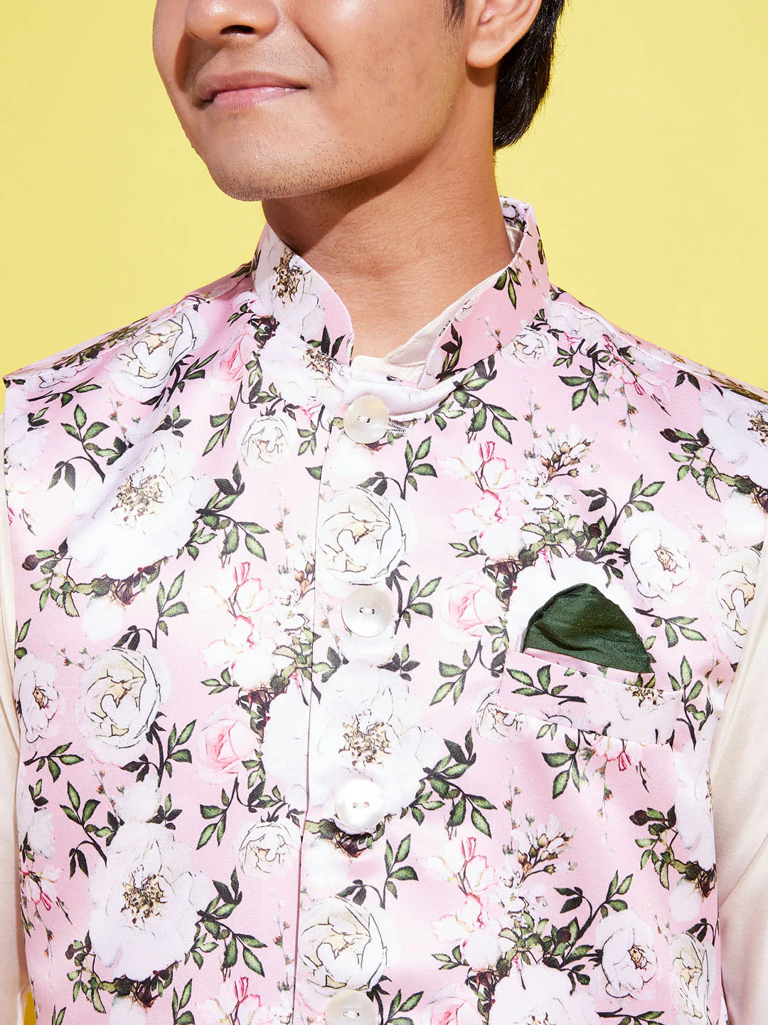 Boy's Pink Floral Printed Nehru Jacket With Cream Kurta And Pyjama Set - Image 4