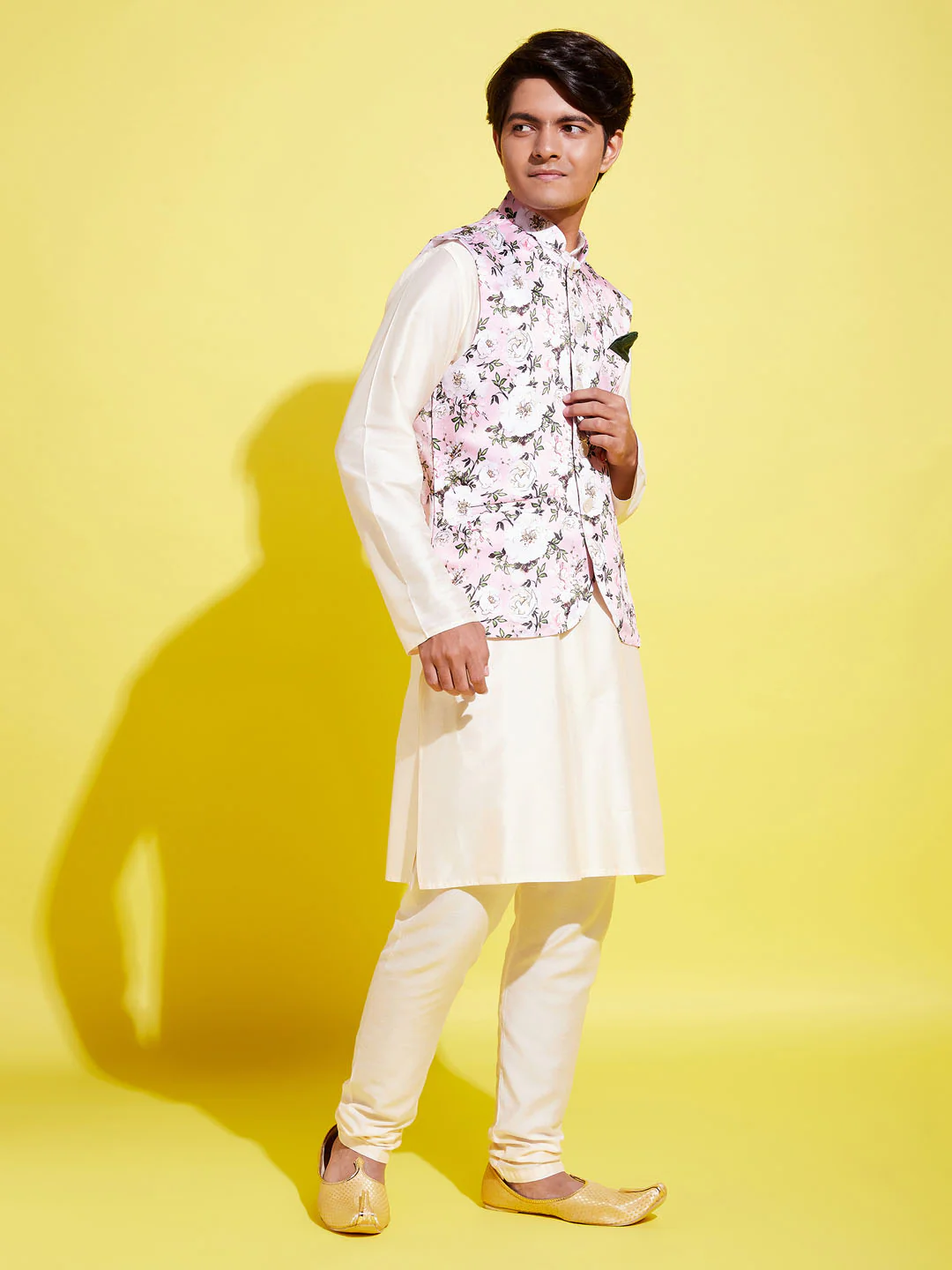 Boy's Pink Floral Printed Nehru Jacket With Cream Kurta And Pyjama Set - Image 6