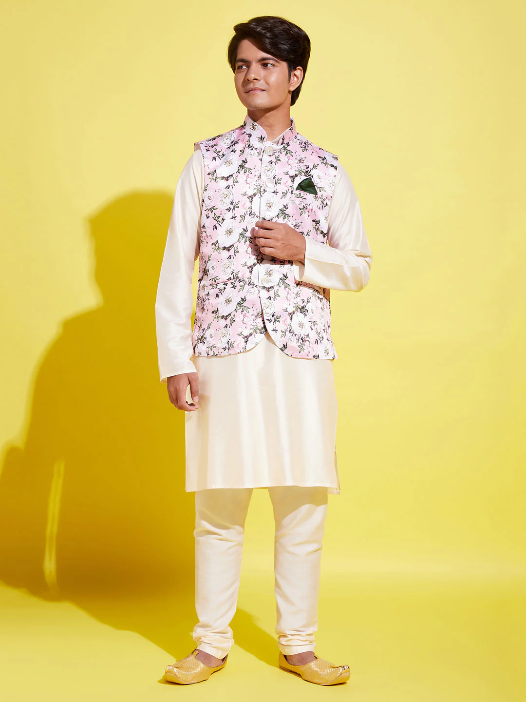 Boy's Pink Floral Printed Nehru Jacket With Cream Kurta And Pyjama Set - Image 8