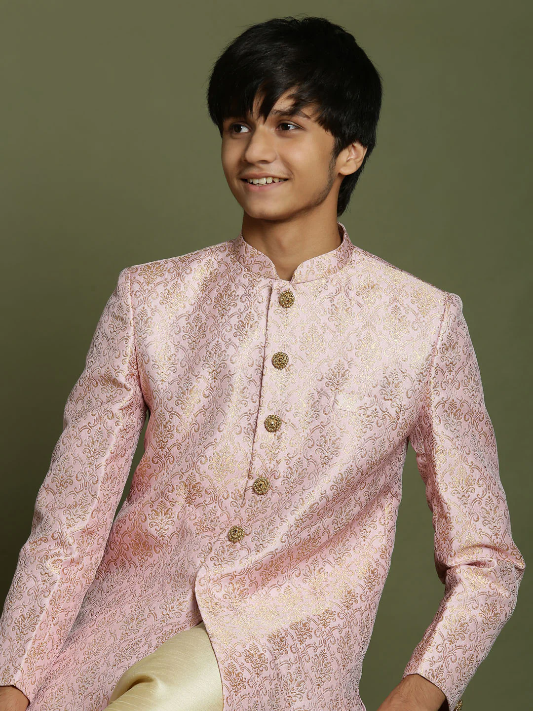 Boy's Pink & Gold-Colored Woven-Design Brocade Slim Fit Sherwani Set - Image 4