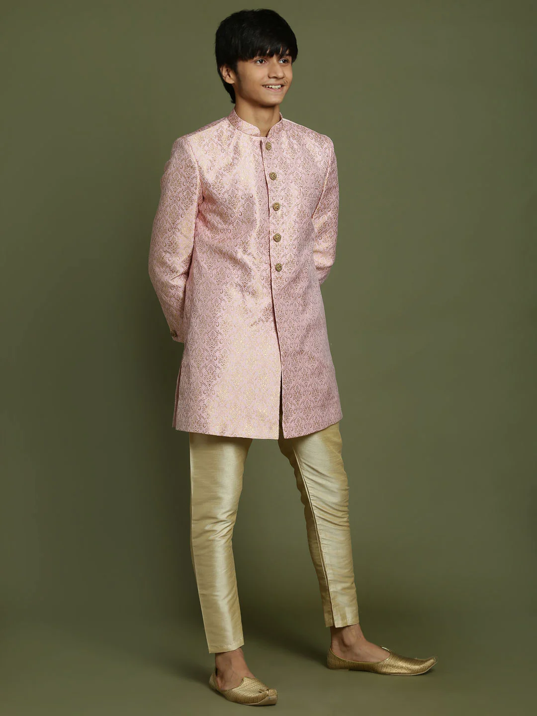 Boy's Pink & Gold-Colored Woven-Design Brocade Slim Fit Sherwani Set - Image 7