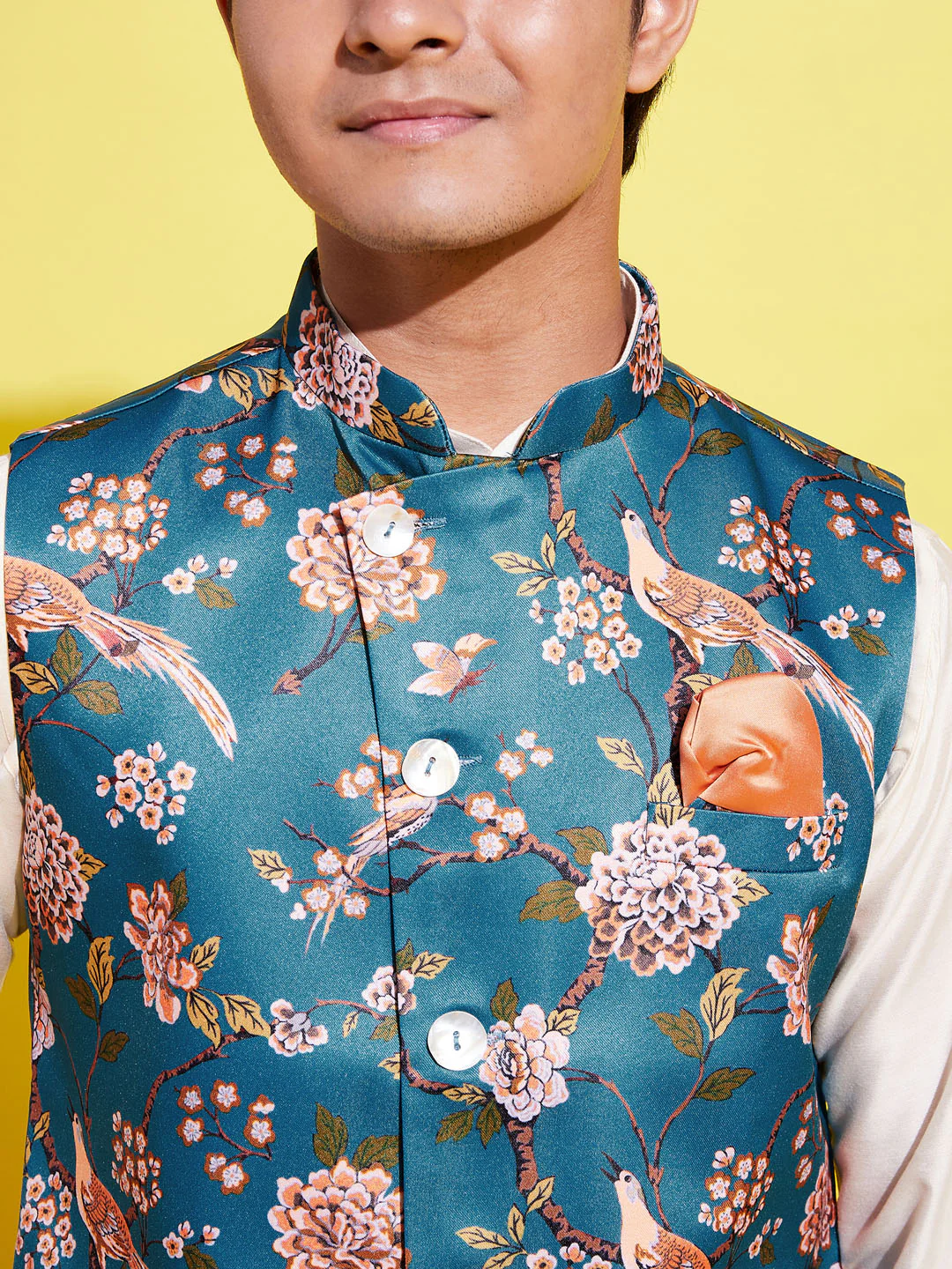 Boy's Turquoise Blue & Green Printed Nehru Jacket With Creamkurta And Pyjama Set - Image 5