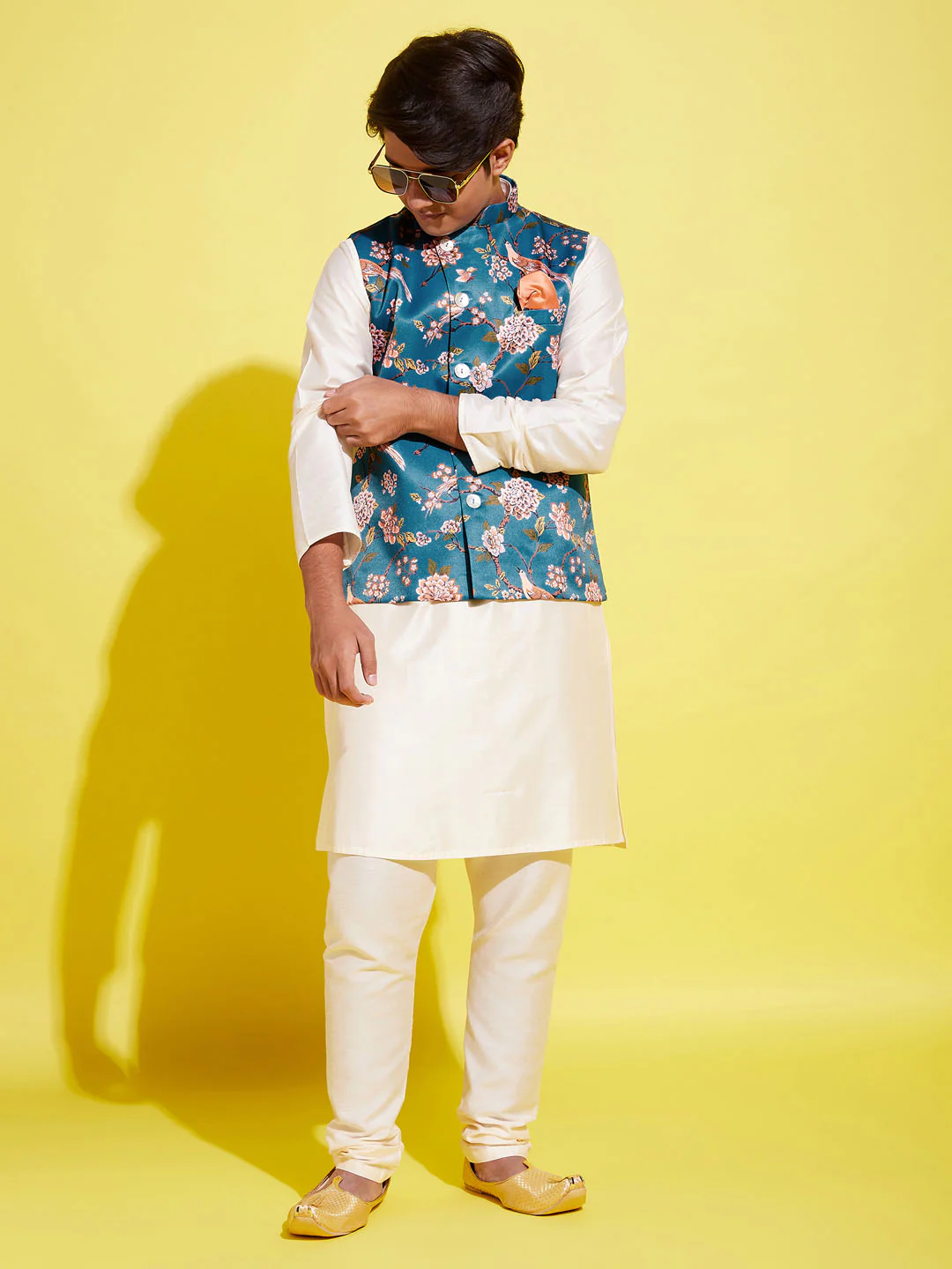 Boy's Turquoise Blue & Green Printed Nehru Jacket With Creamkurta And Pyjama Set - Image 8