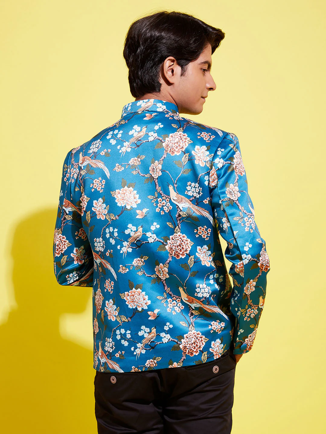 Boy's Turquoise Blue Printed Bandhgala Blazer - Image 4
