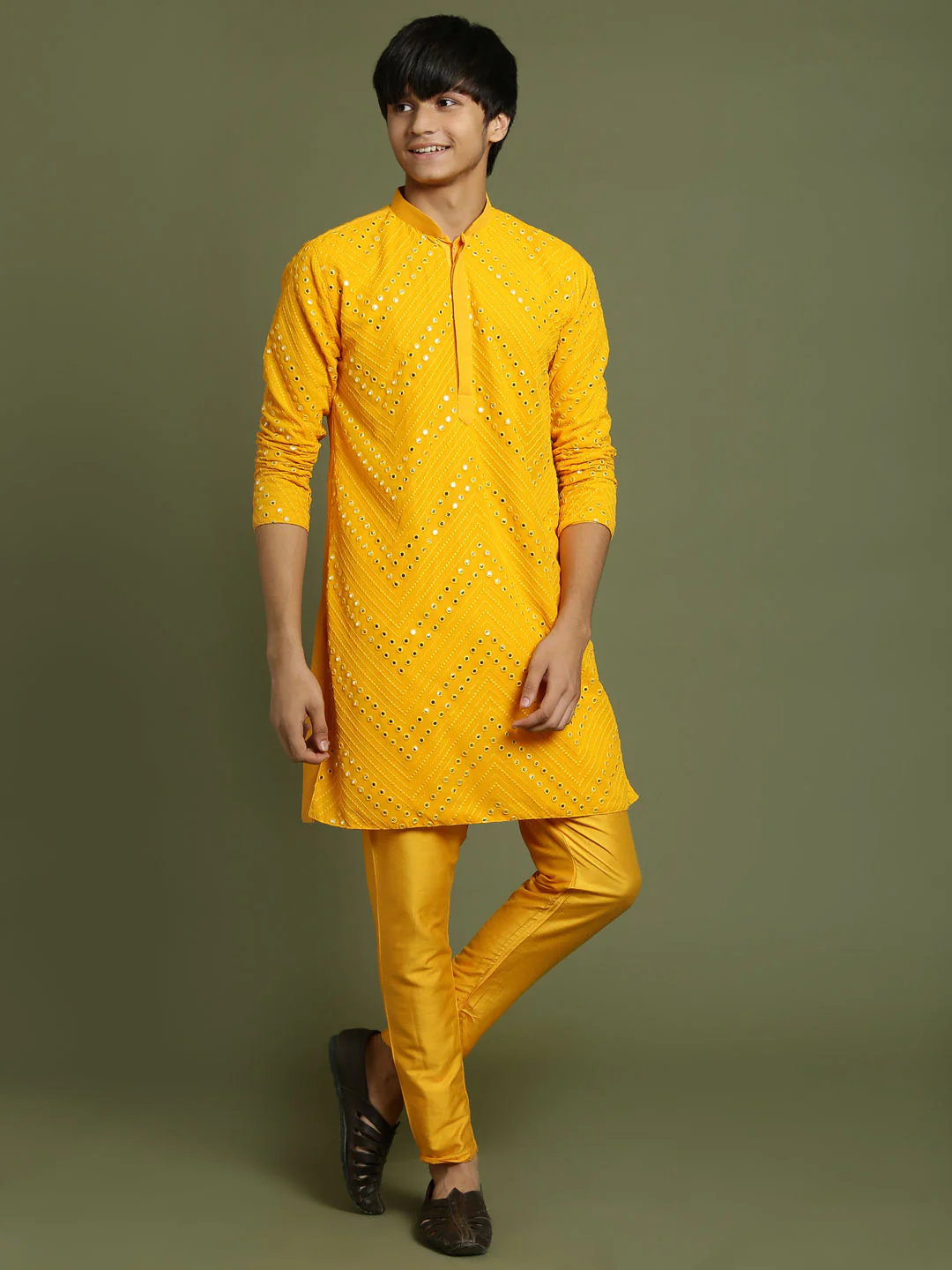 Boy's Yellow Mirror Work Georgette Kurta And Pyjama Set - Image 6