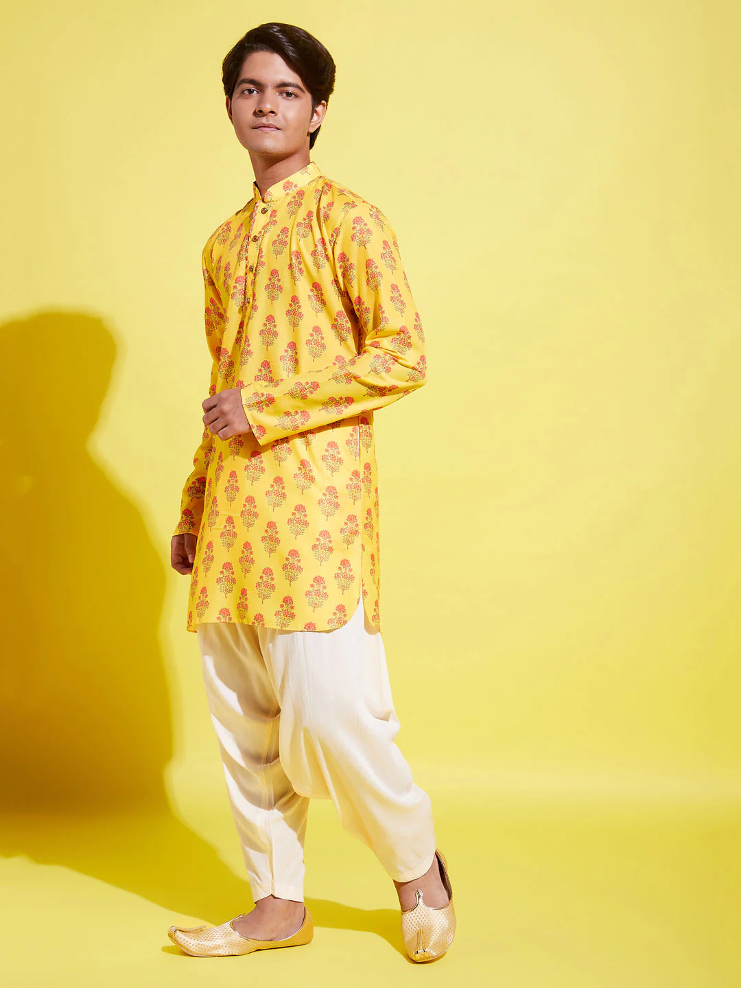 Boy's' Multicolor-Base-Mustard And Cream Kurta Patiala Set - Image 3